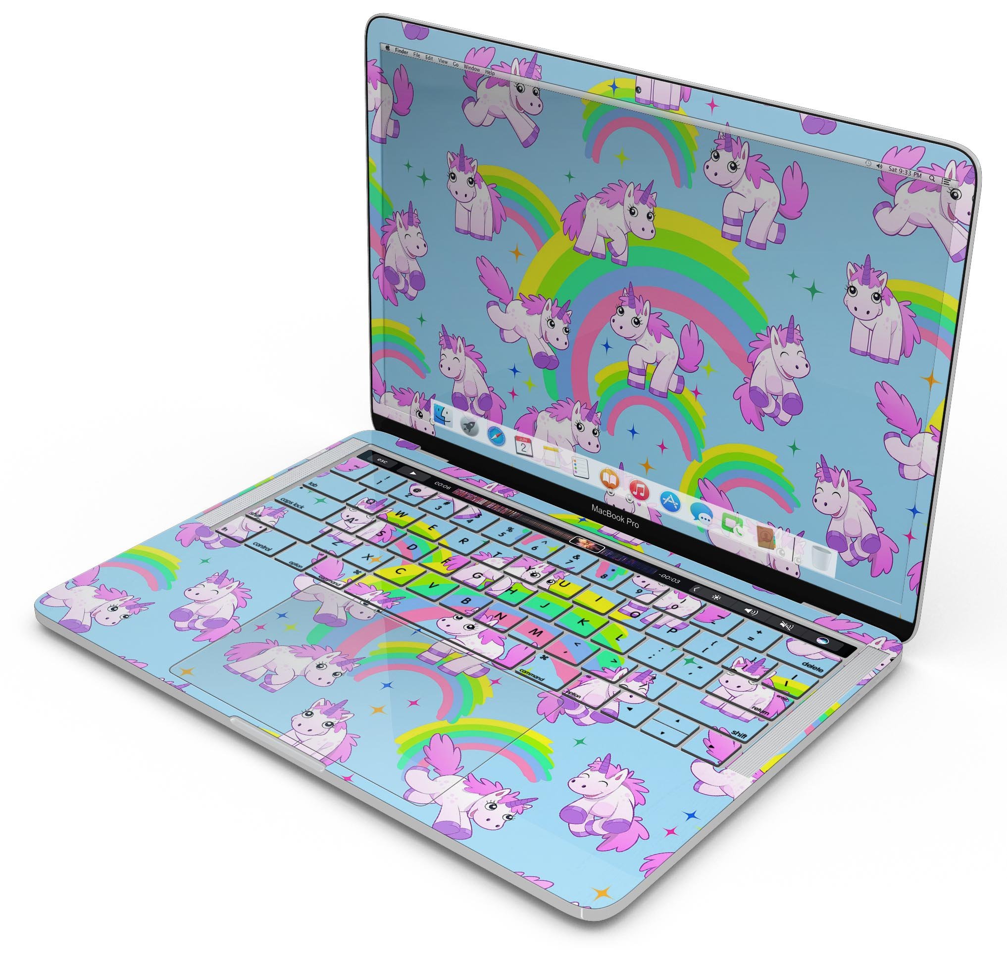 Colorful Magical Cartoon Unicorns skin decal wrap for MacBook, showcasing vibrant designs and a smooth finish.