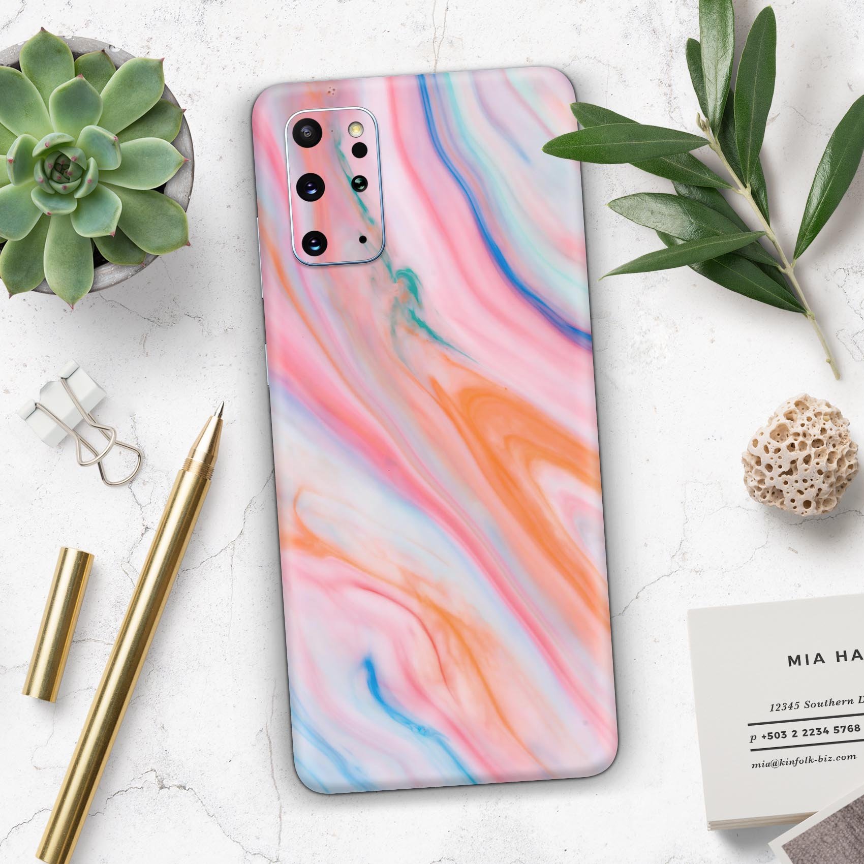 Magical Coral Marble V5 skin decal wrap kit for Samsung Galaxy, showcasing vibrant coral marble design and soft-touch finish.