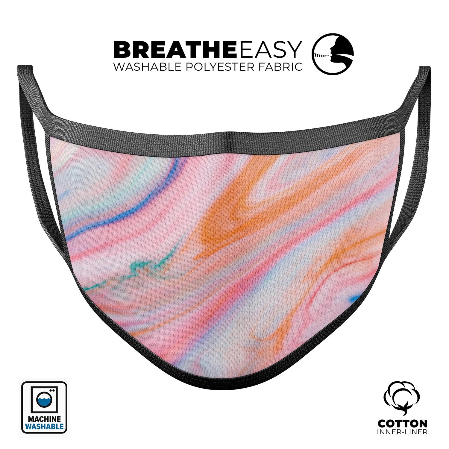 Magical Coral Marble V5 mouth cover, featuring a vibrant coral marble design, adjustable ear loops, and a soft cotton interior for comfort.