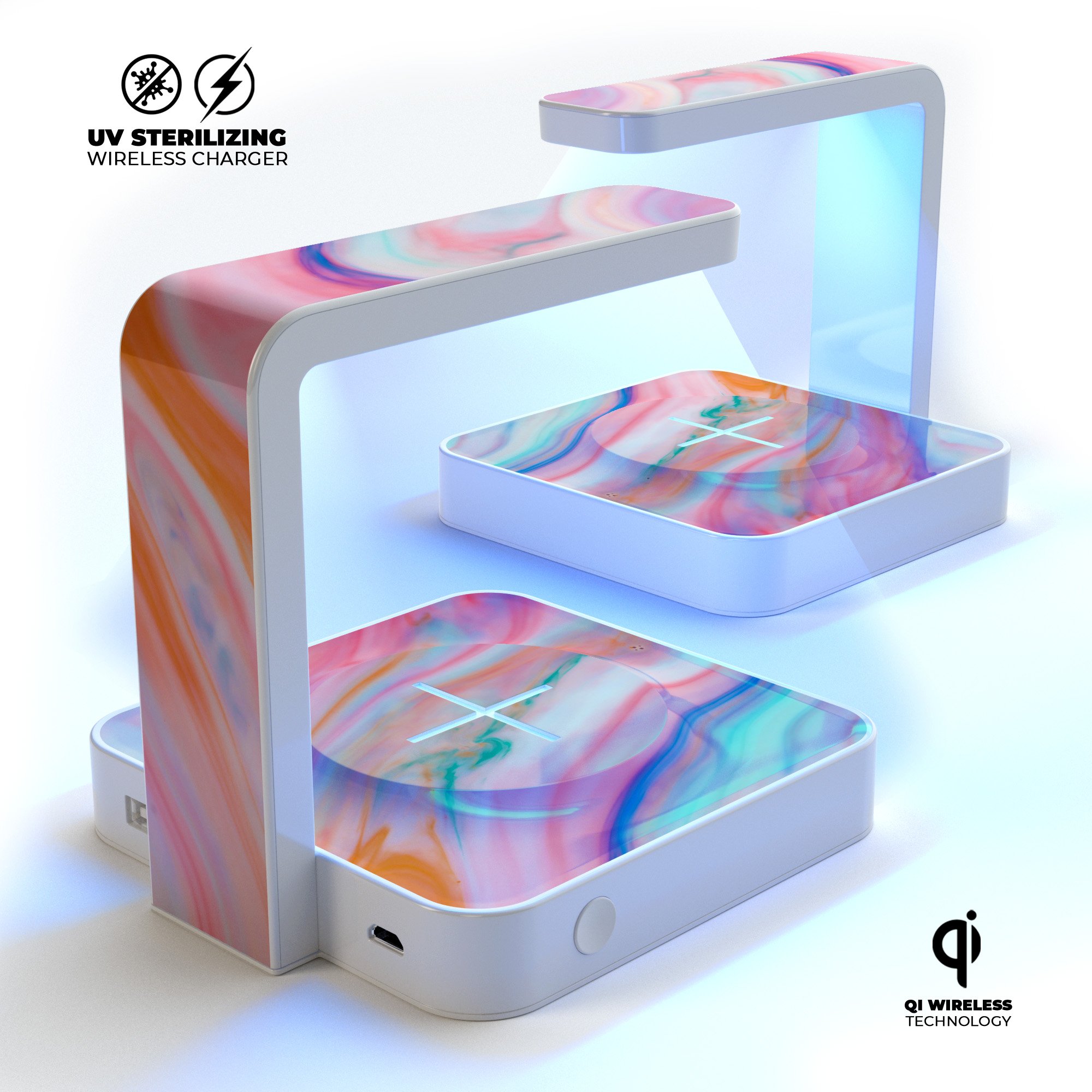 Magical Coral Marble V5 UV Germicidal Sanitizing Wireless Charger with decorative skin, USB cable, and phone sterilizing features.