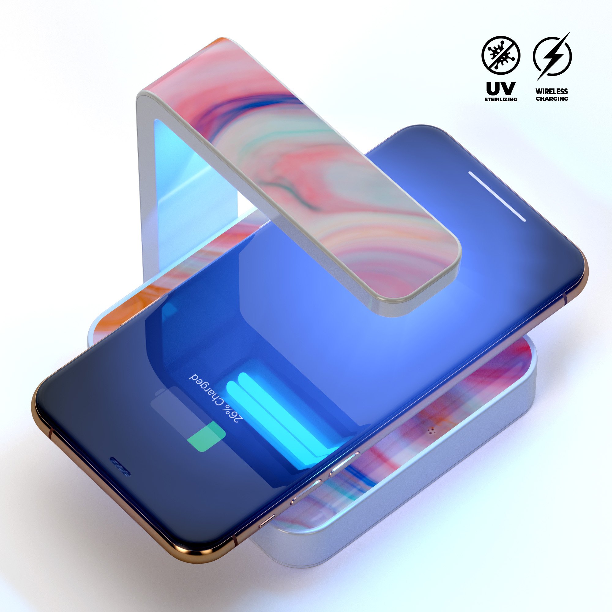 Magical Coral Marble V5 UV Germicidal Sanitizing Wireless Charger with decorative skin, USB cable, and phone sterilizing features.