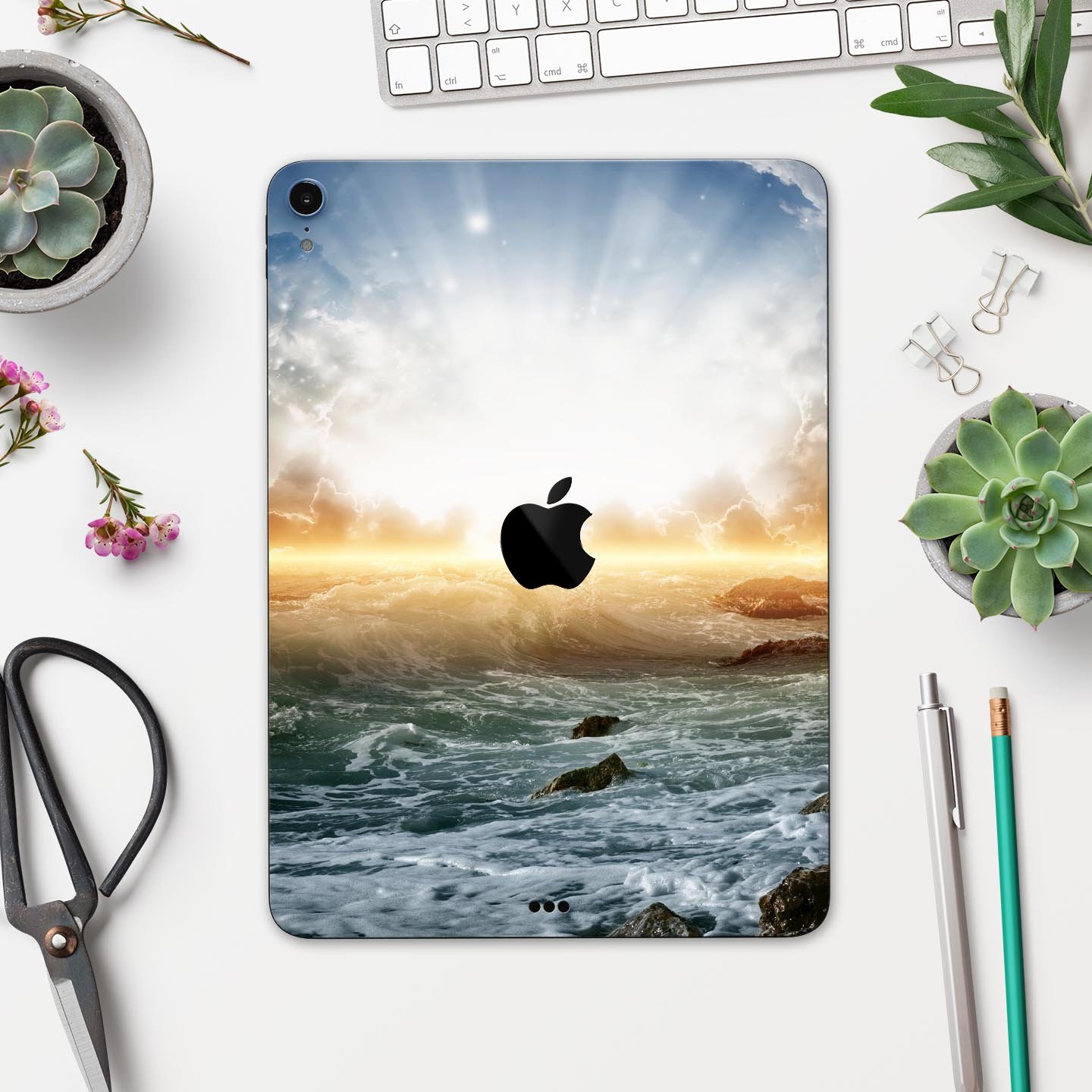 Majestic Sky on Crashing Waves full body skin decal for Apple devices, showcasing vibrant colors and intricate wave designs.