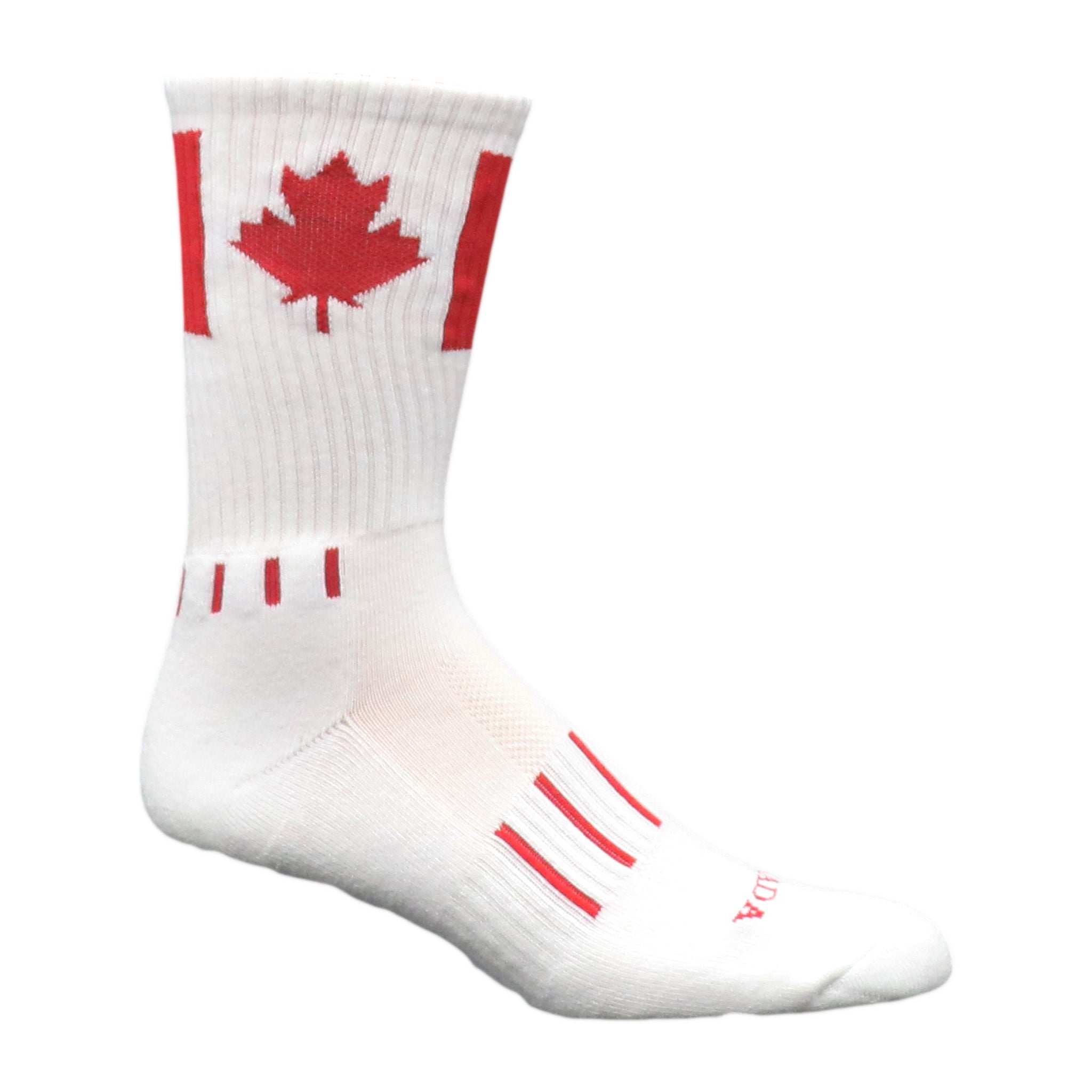 Premium white crew socks featuring the Canadian Maple Leaf flag design, perfect for showcasing Canadian pride.