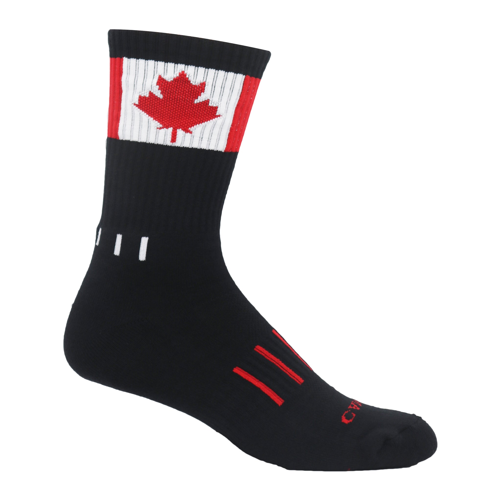 Premium white crew socks featuring the Canadian Maple Leaf flag design, perfect for showcasing Canadian pride.