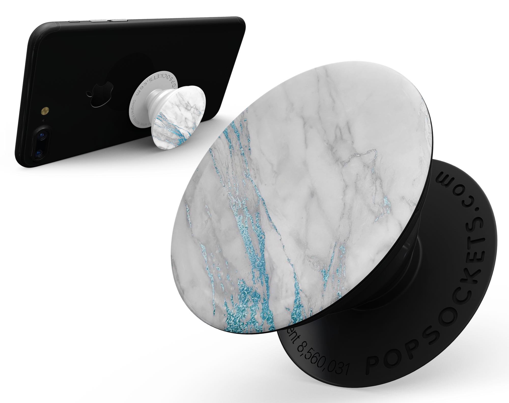 Marble and Digital Blue Frosted Foil V8 Skin Kit for PopSockets, showcasing a stylish design on a smartphone grip.