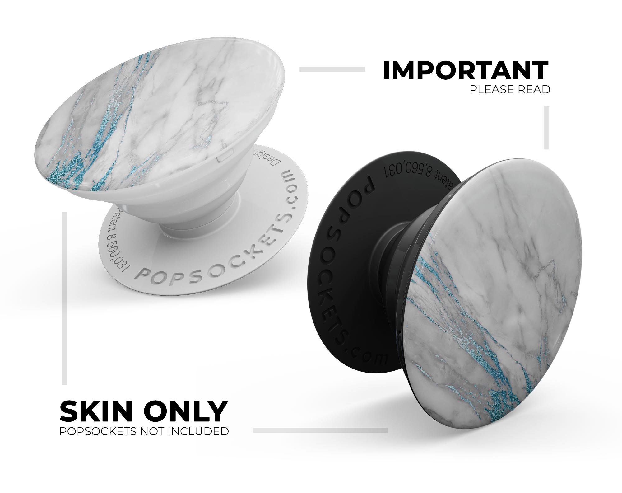 Marble and Digital Blue Frosted Foil V8 Skin Kit for PopSockets, showcasing a stylish design on a smartphone grip.