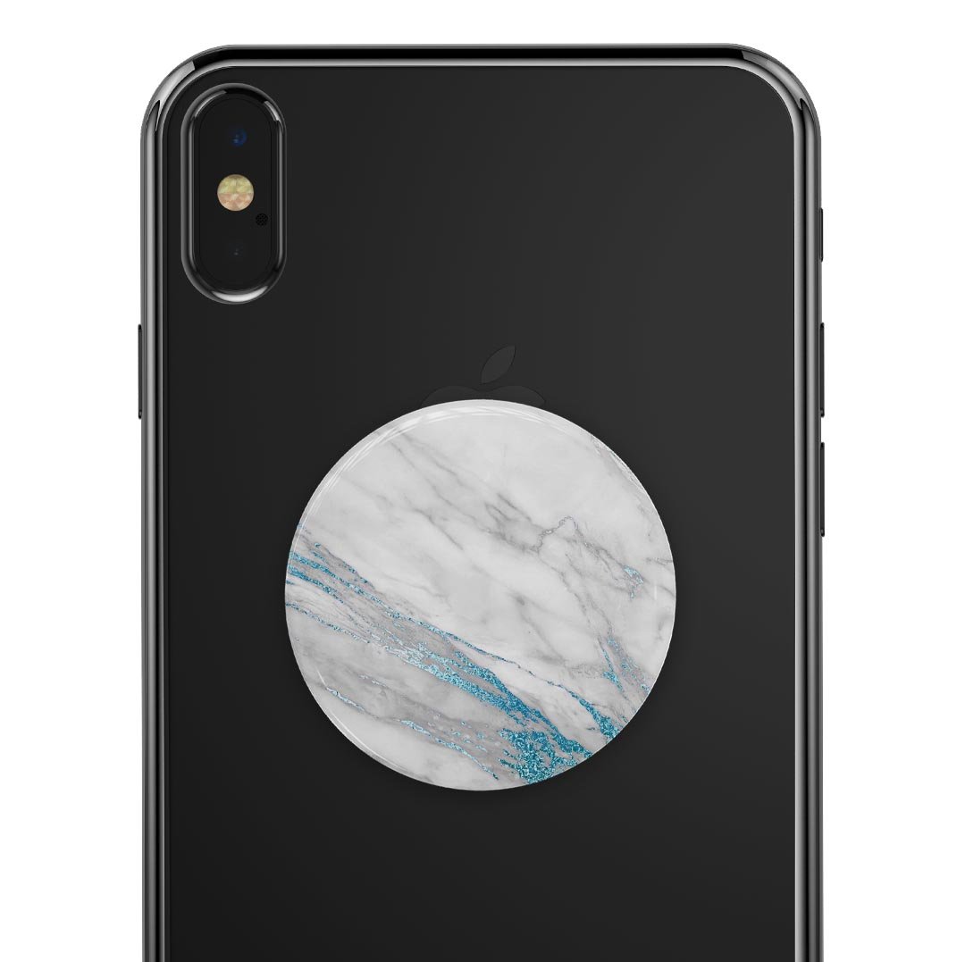 Marble and Digital Blue Frosted Foil V8 Skin Kit for PopSockets, showcasing a stylish design on a smartphone grip.