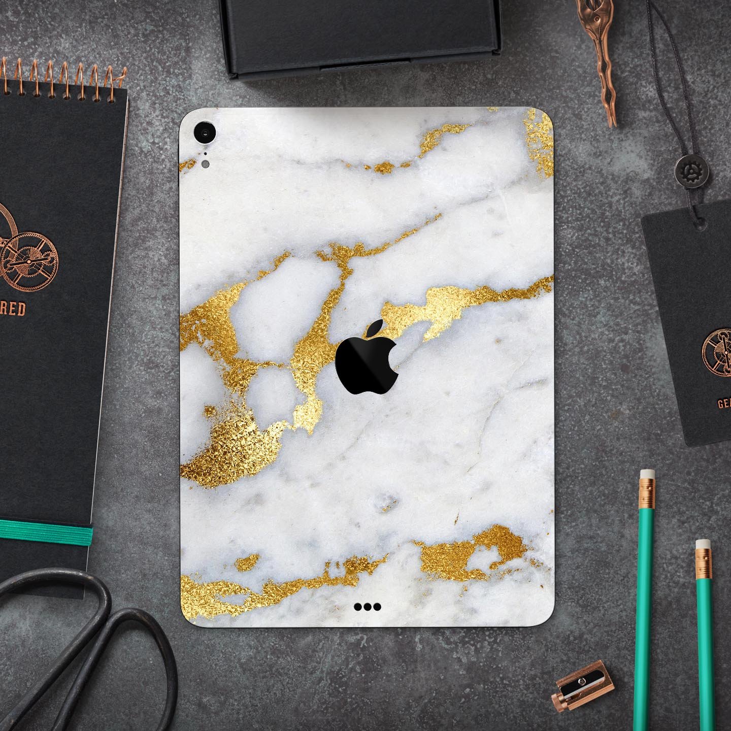 Marble and digital gold foil skin decal for Apple devices, showcasing a stylish design with premium 3M materials.