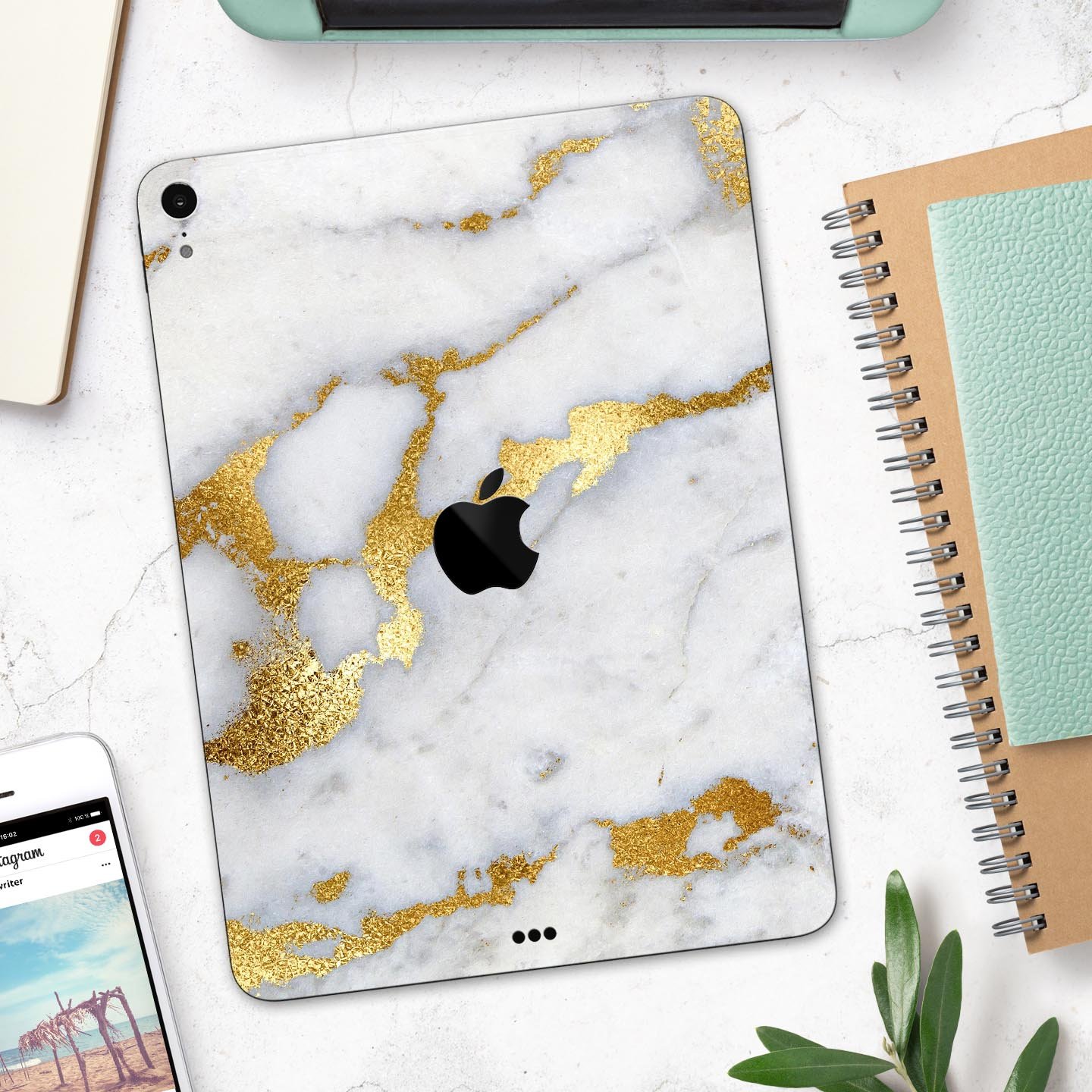 Marble and digital gold foil skin decal for Apple devices, showcasing a stylish design with premium 3M materials.