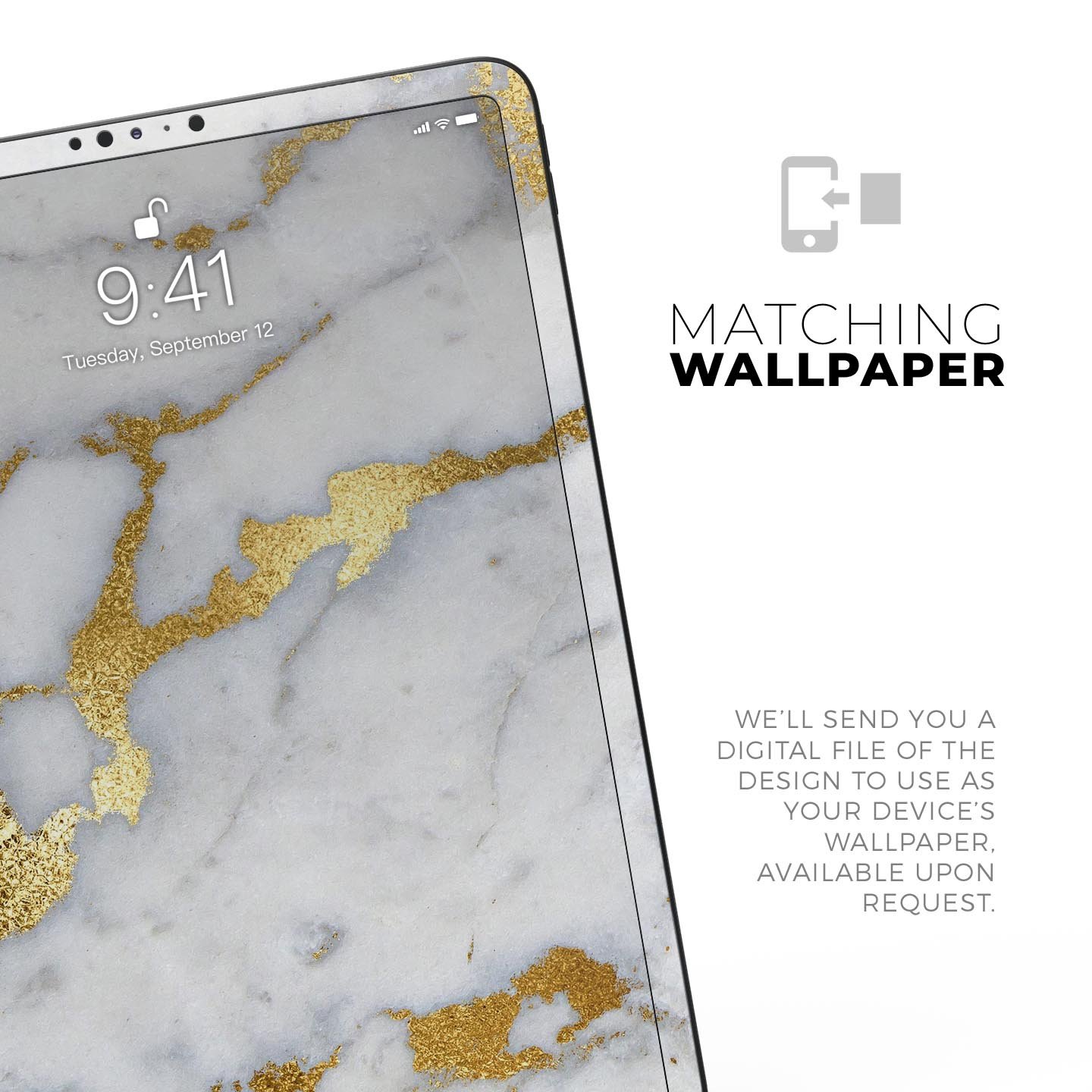 Marble and digital gold foil skin decal for Apple devices, showcasing a stylish design with premium 3M materials.