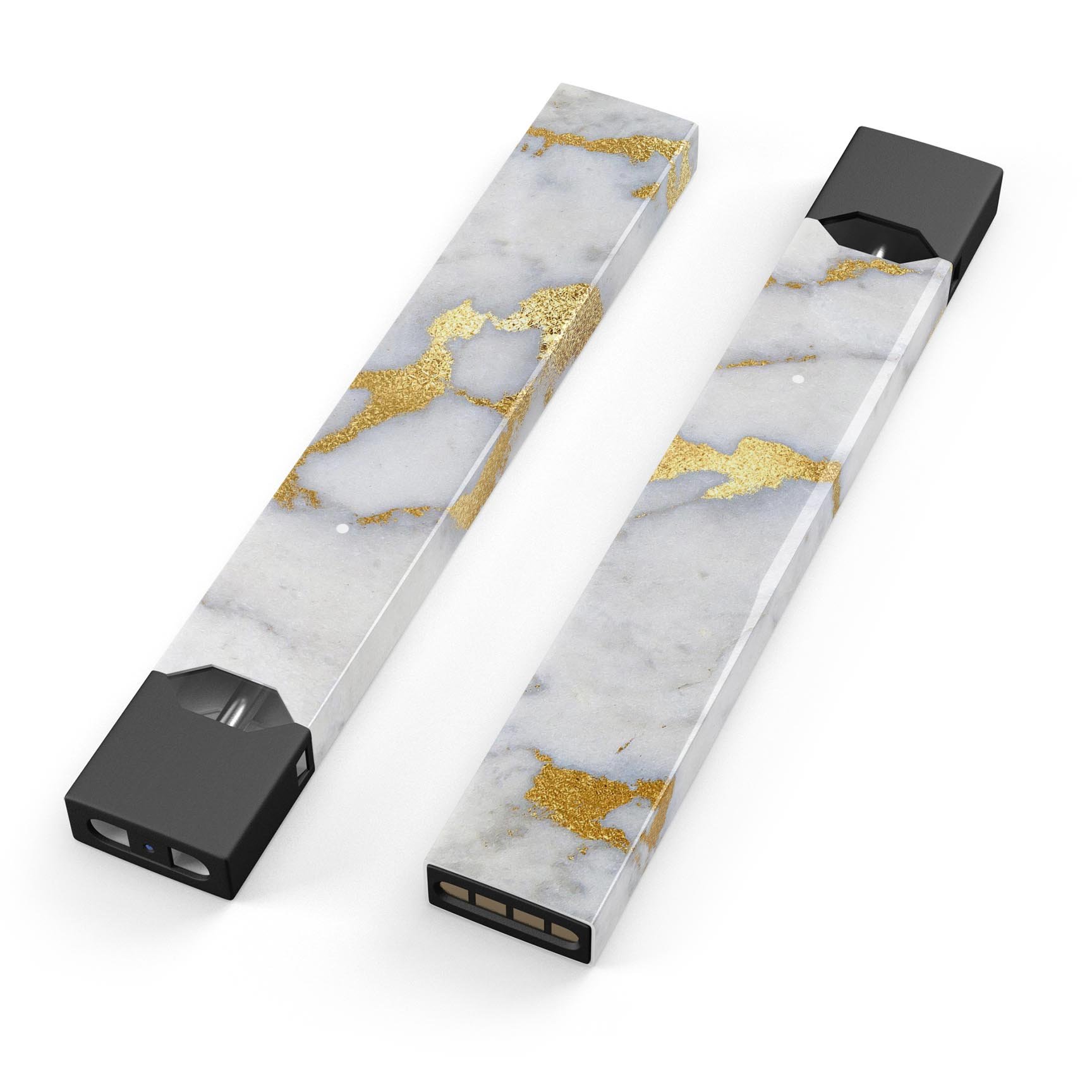 Marble and digital gold foil skin wrap for JUUL vaping device, showcasing a stylish design with premium finish.