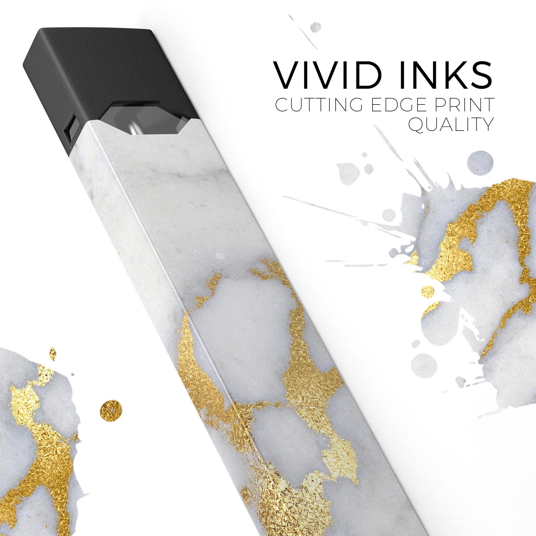 Marble and digital gold foil skin wrap for JUUL vaping device, showcasing a stylish design with premium finish.