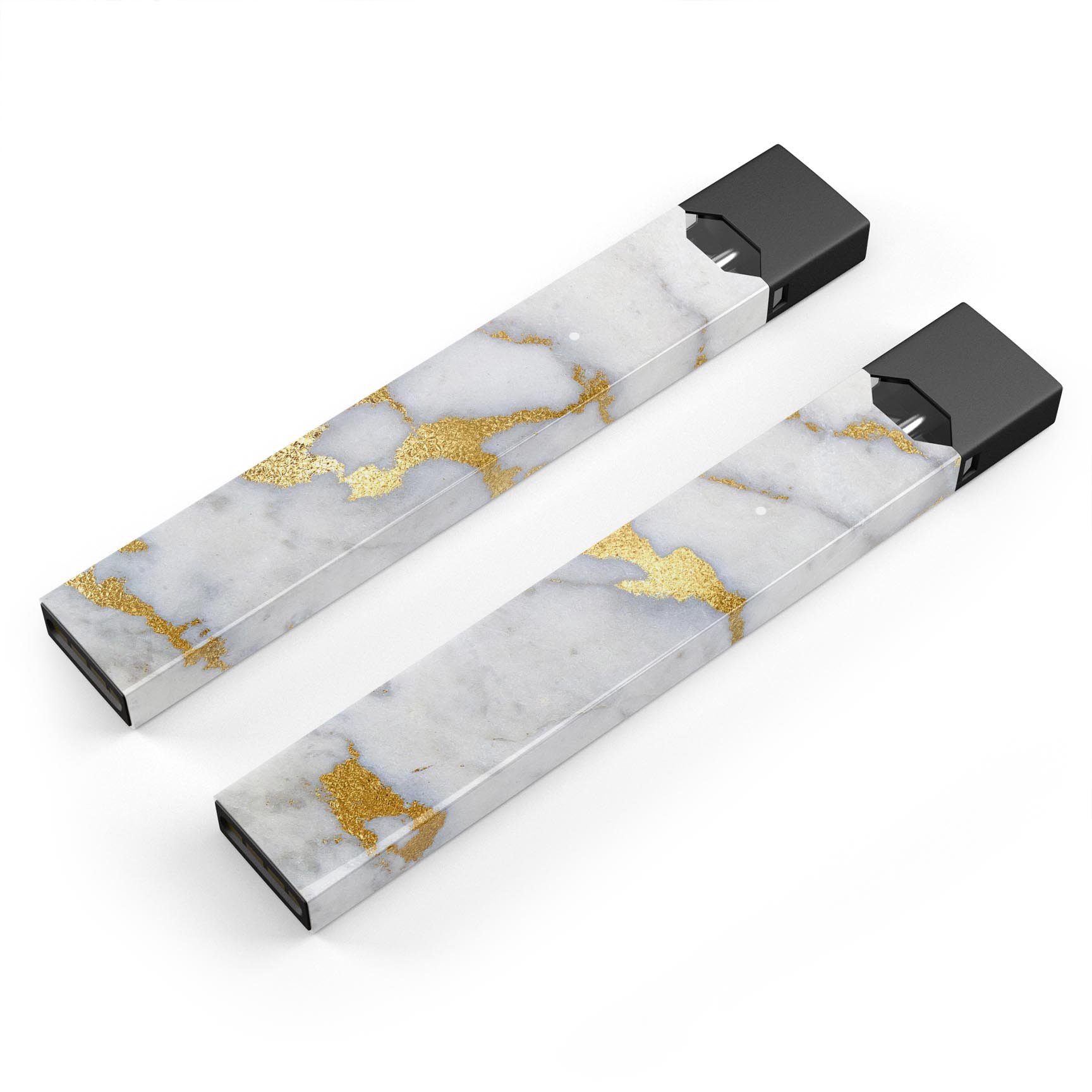 Marble and digital gold foil skin wrap for JUUL vaping device, showcasing a stylish design with premium finish.