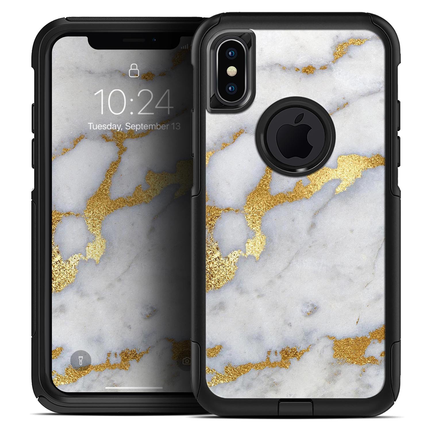 Marble and digital gold foil skin kit for iPhone OtterBox cases, showcasing a stylish design with premium finish.