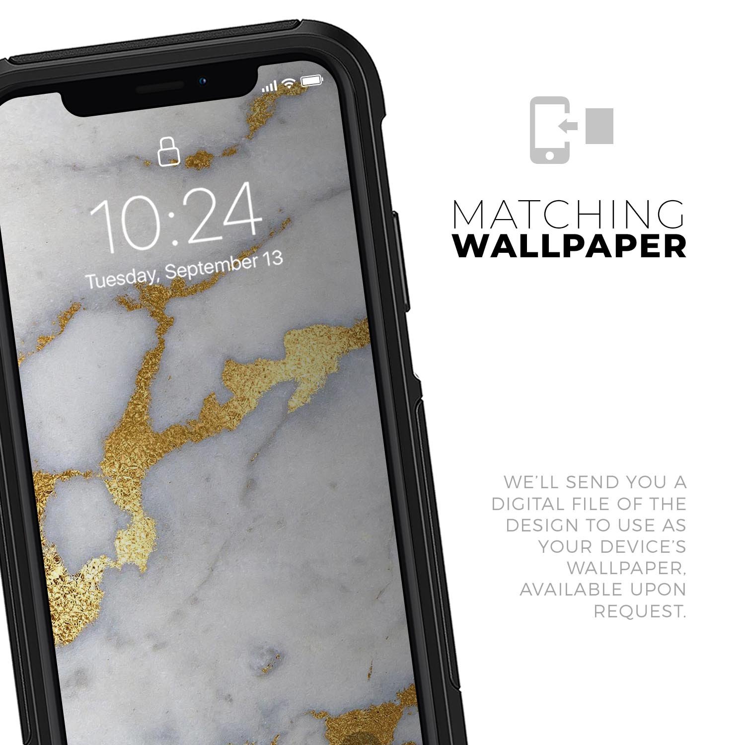 Marble and digital gold foil skin kit for iPhone OtterBox cases, showcasing a stylish design with premium finish.