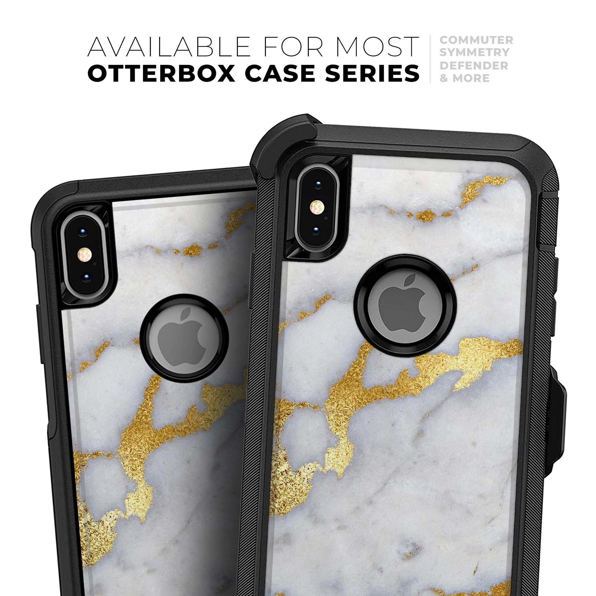 Marble and digital gold foil skin kit for iPhone OtterBox cases, showcasing a stylish design with premium finish.