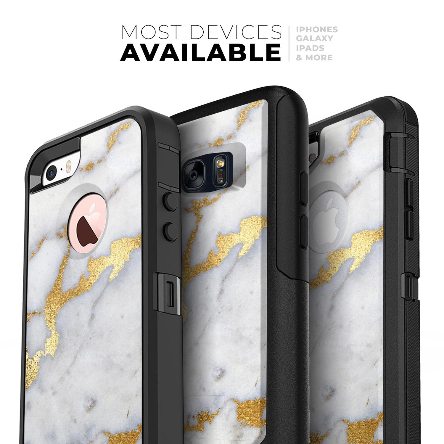 Marble and digital gold foil skin kit for iPhone OtterBox cases, showcasing a stylish design with premium finish.