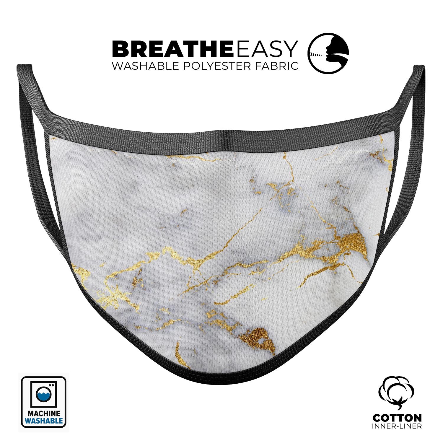 Marble & Digital Gold Foil V2 unisex mouth cover, showcasing vibrant colors and adjustable ear loops for a comfortable fit.