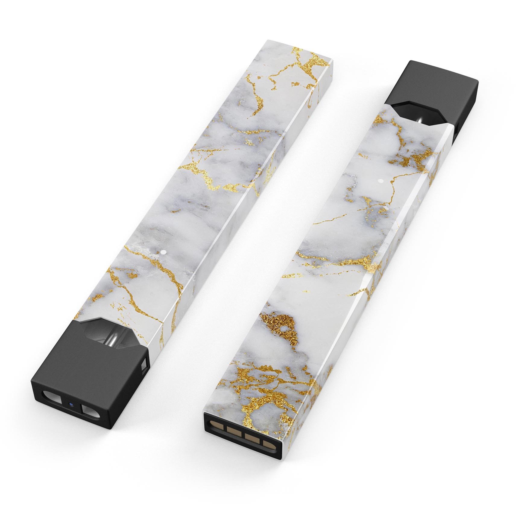 Marble and digital gold foil skin wrap for JUUL vaping device, showcasing a stylish design with premium finish.