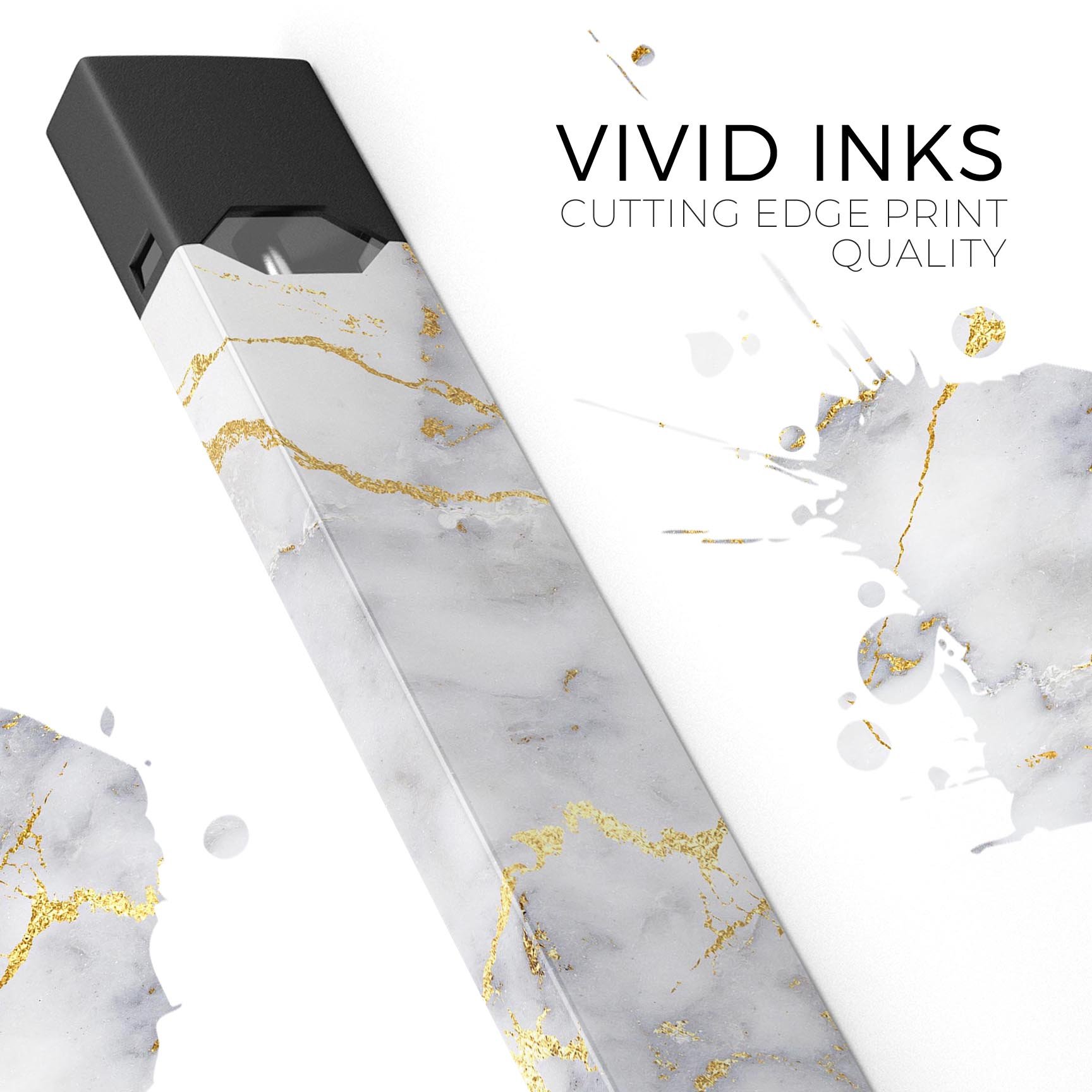 Marble and digital gold foil skin wrap for JUUL vaping device, showcasing a stylish design with premium finish.