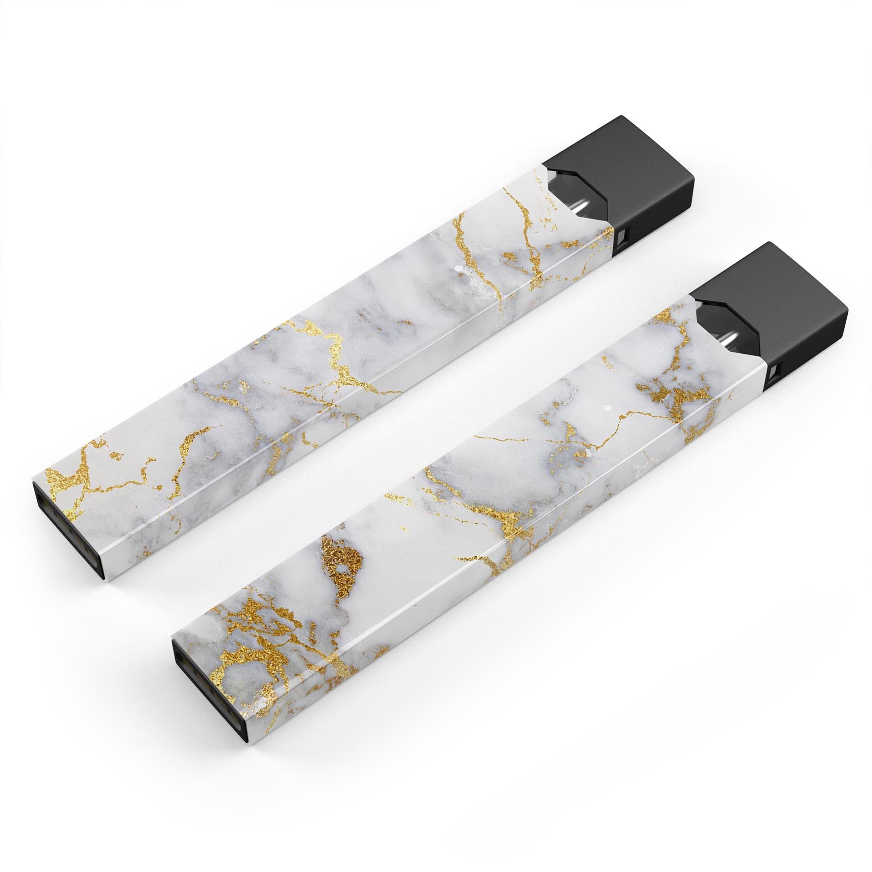 Marble and digital gold foil skin wrap for JUUL vaping device, showcasing a stylish design with premium finish.