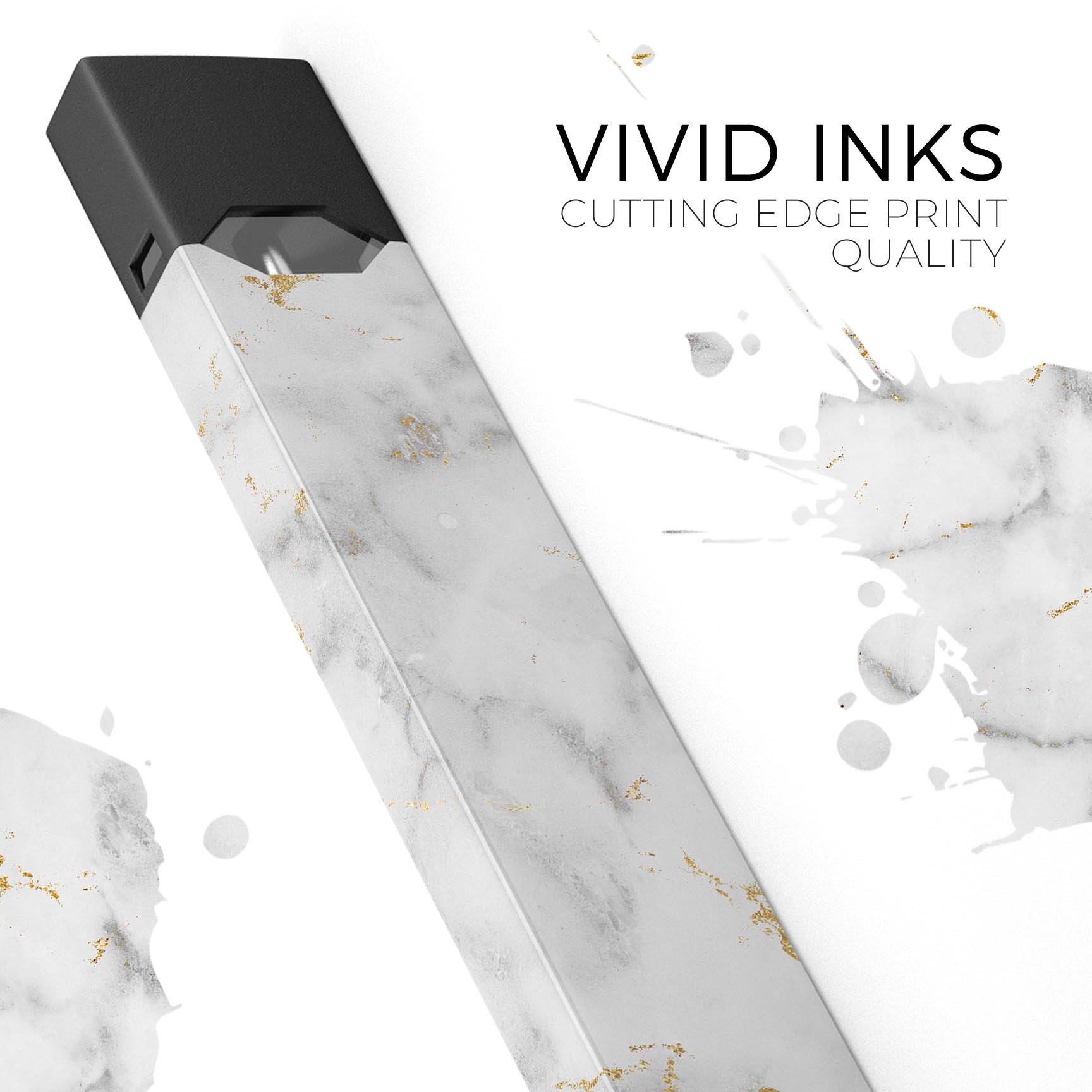 Marble and digital gold foil skin wrap for JUUL vaping device, showcasing a stylish design with a protective layer.