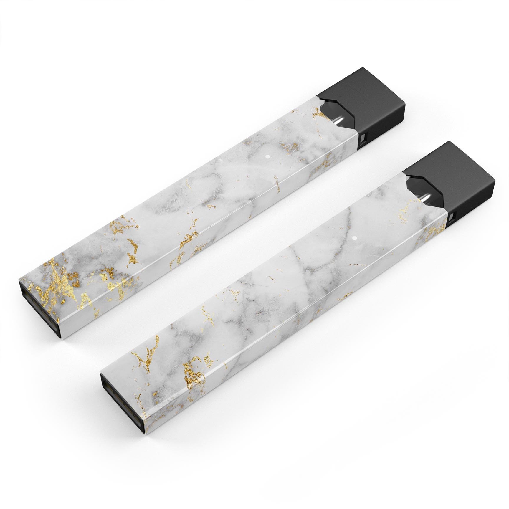 Marble and digital gold foil skin wrap for JUUL vaping device, showcasing a stylish design with a protective layer.