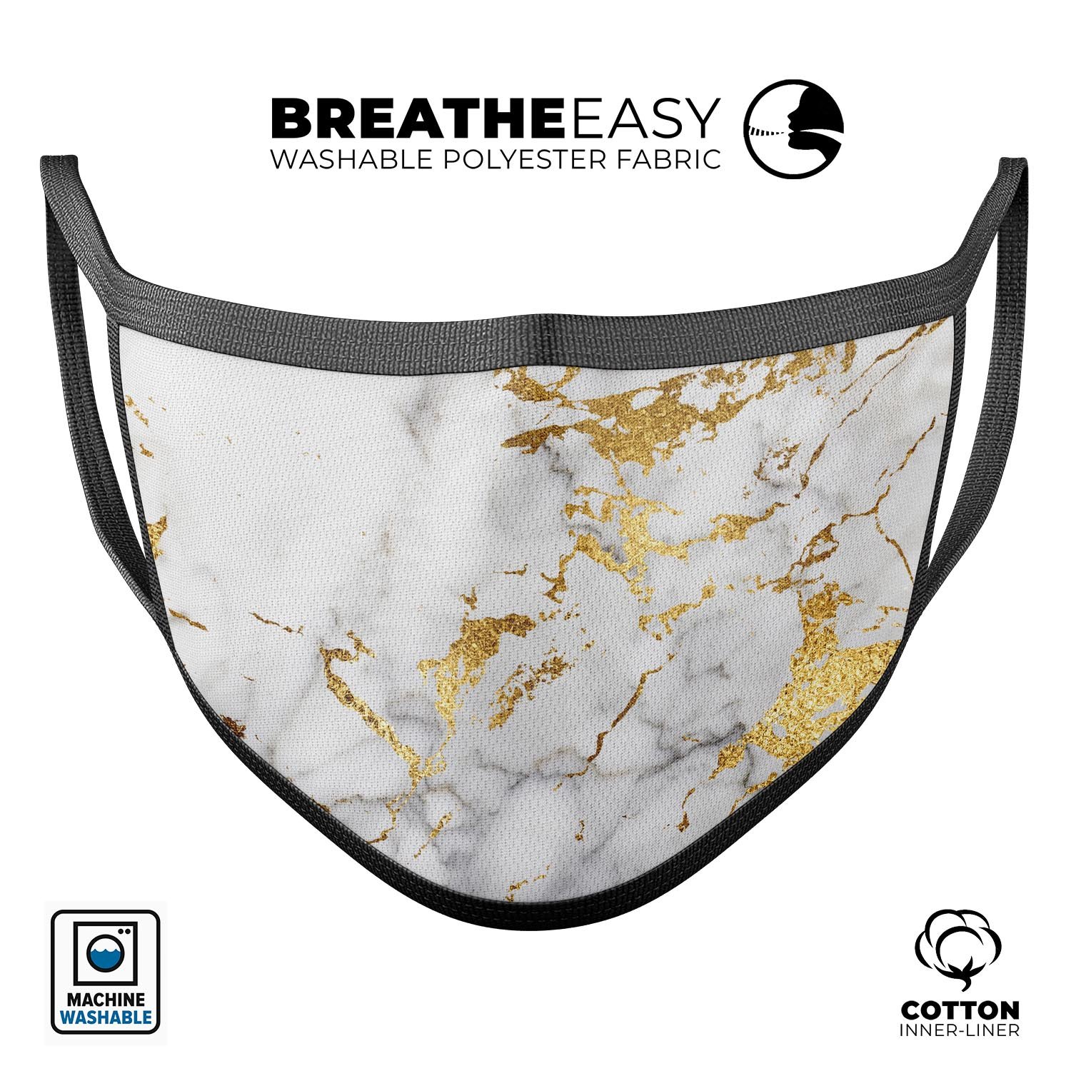 Marble & Digital Gold Foil V5 mouth cover, showcasing a stylish design with adjustable ear loops and soft cotton interior.