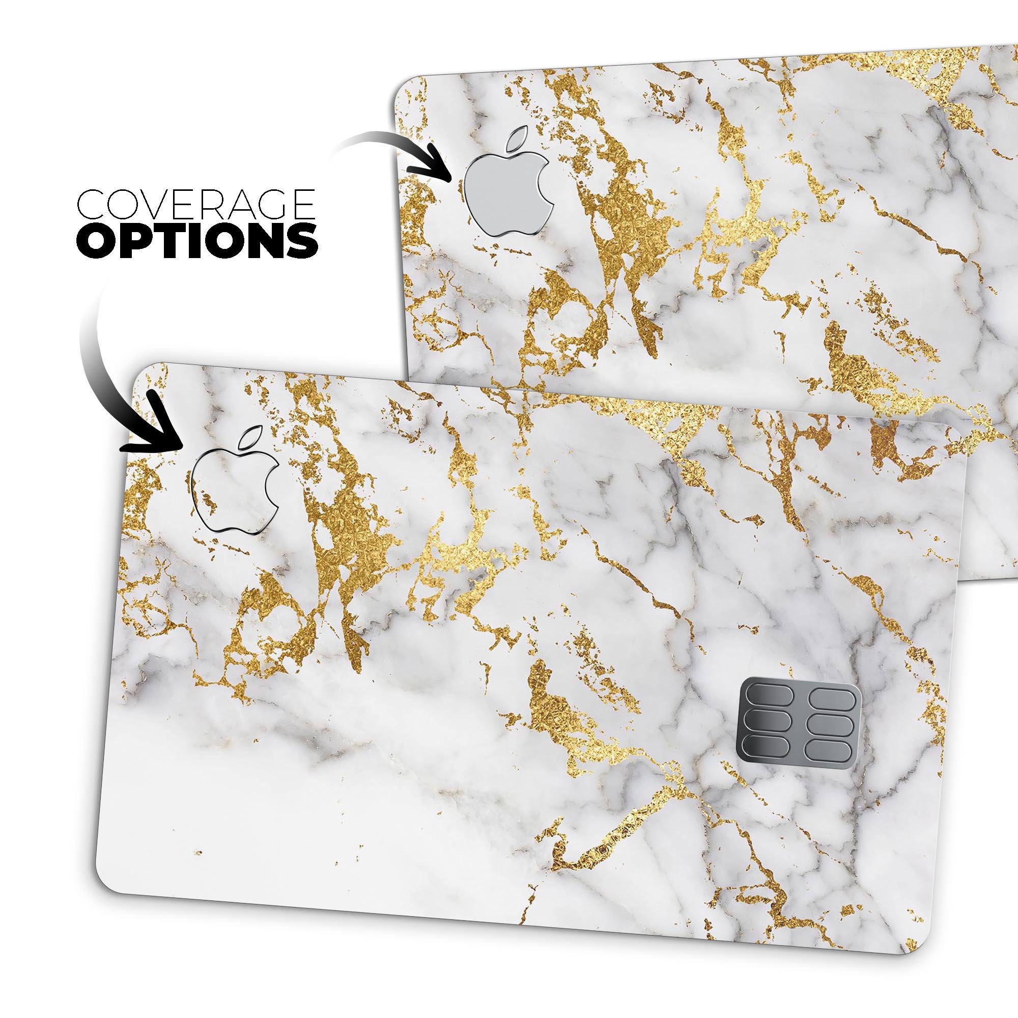 Marble and Digital Gold Foil V5 decal skin for Apple Card, showcasing a luxurious design with premium vinyl material.