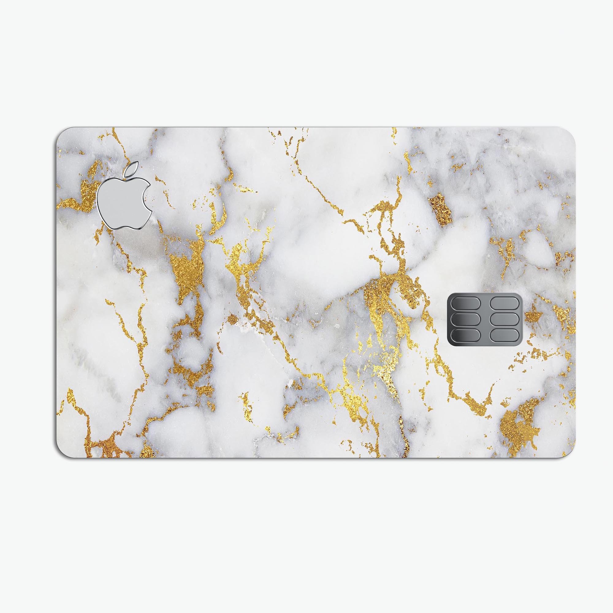 Marble and digital gold foil skin for Apple Card, showcasing premium design and protective features.