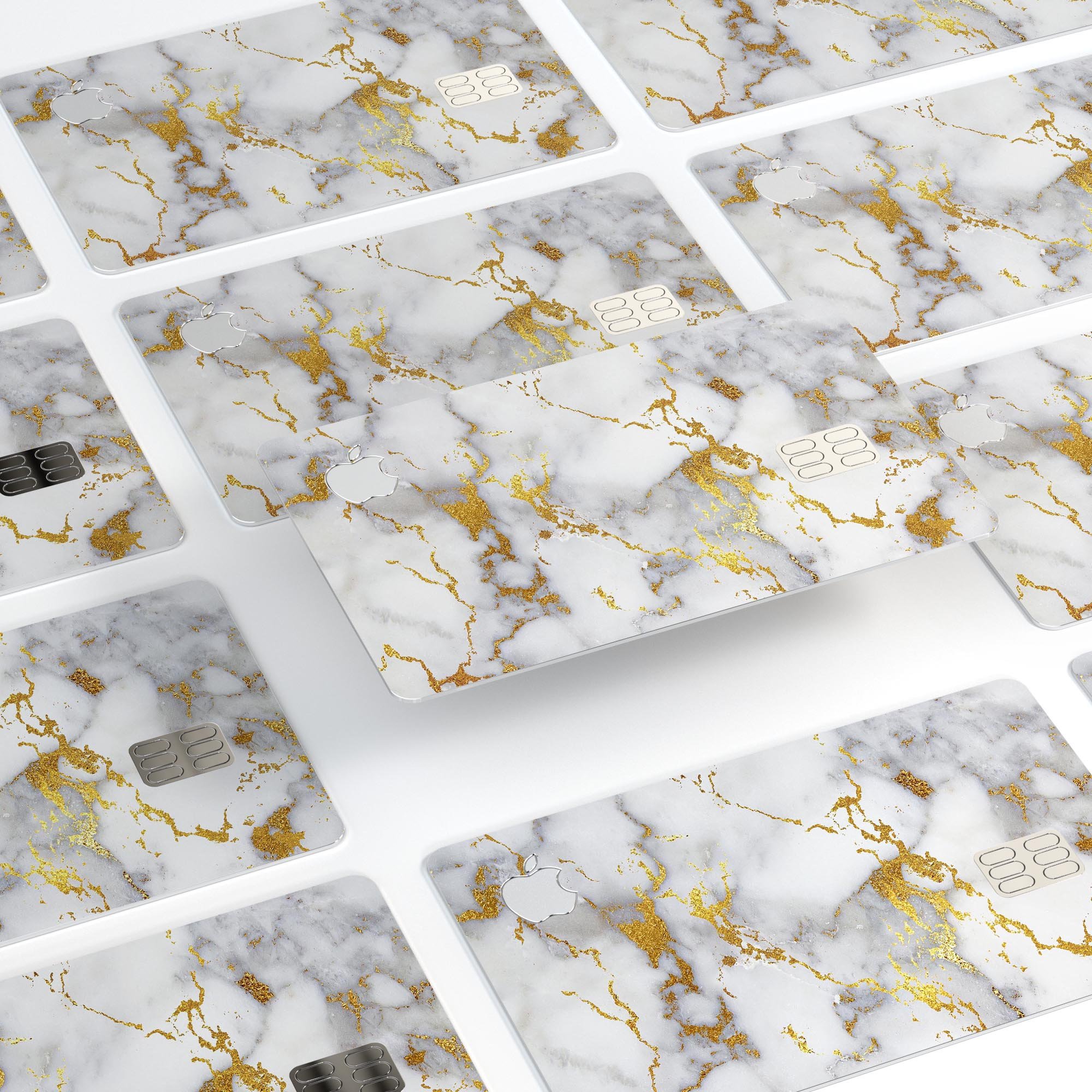 Marble and digital gold foil skin for Apple Card, showcasing premium design and protective features.