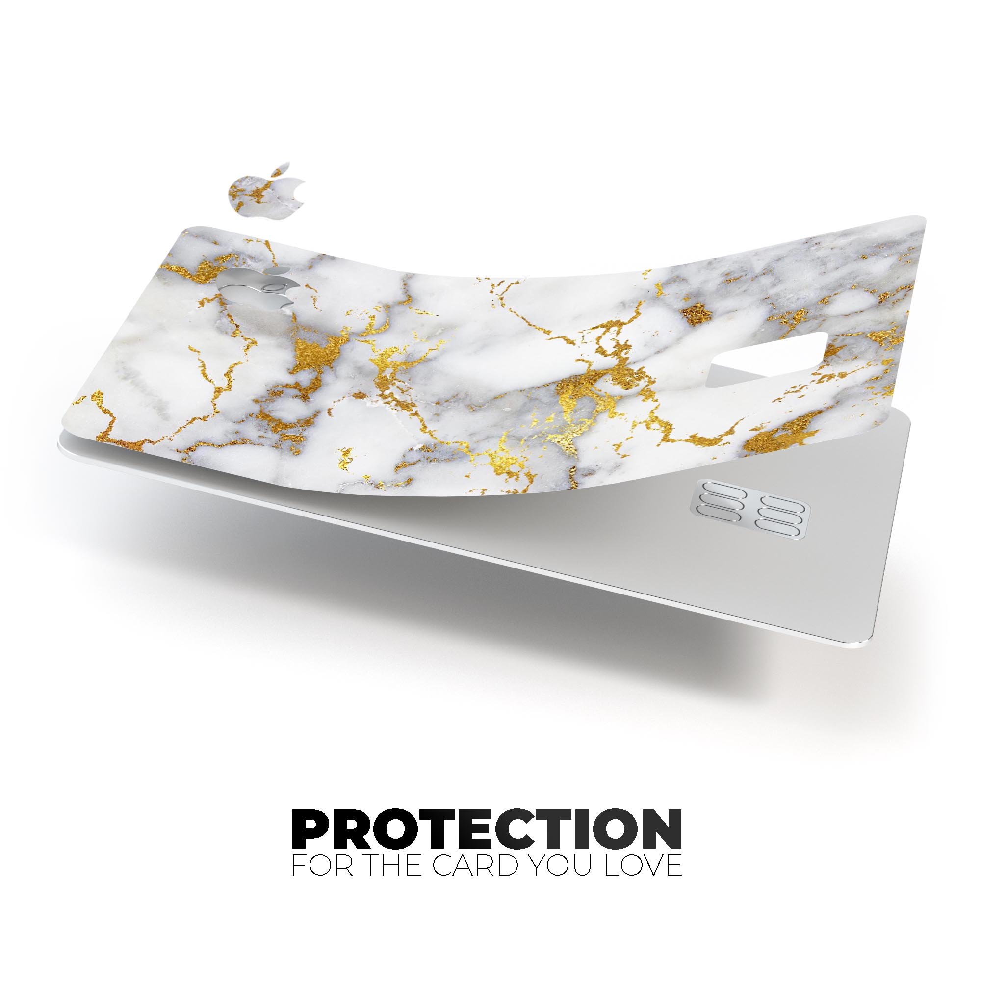 Marble and digital gold foil skin for Apple Card, showcasing premium design and protective features.