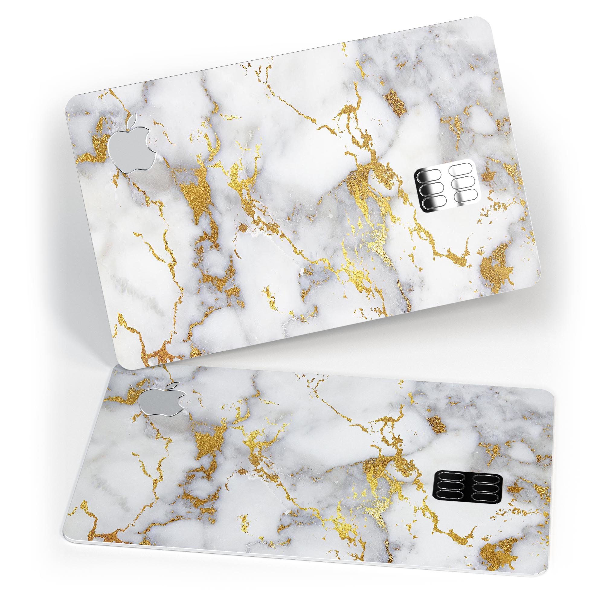 Marble and digital gold foil skin for Apple Card, showcasing premium design and protective features.