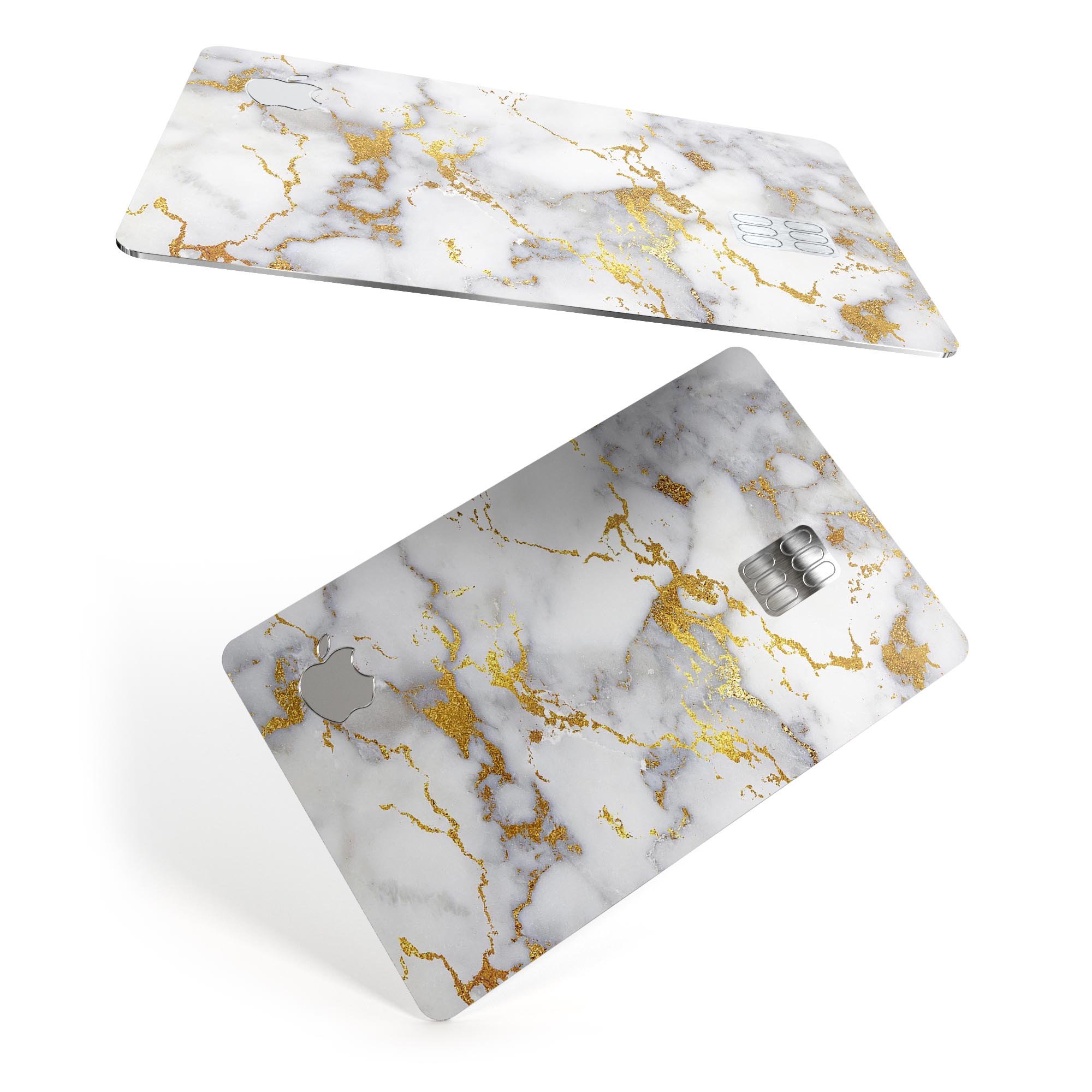 Marble and digital gold foil skin for Apple Card, showcasing premium design and protective features.