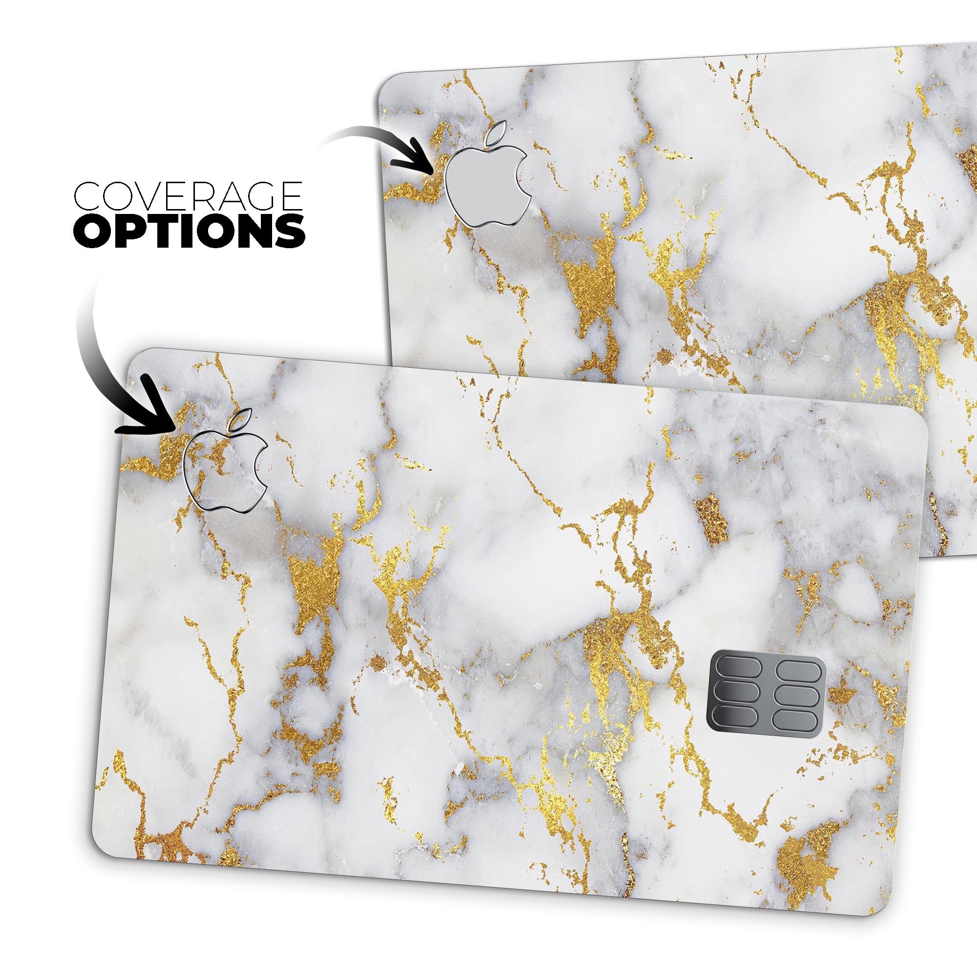 Marble and digital gold foil skin for Apple Card, showcasing premium design and protective features.