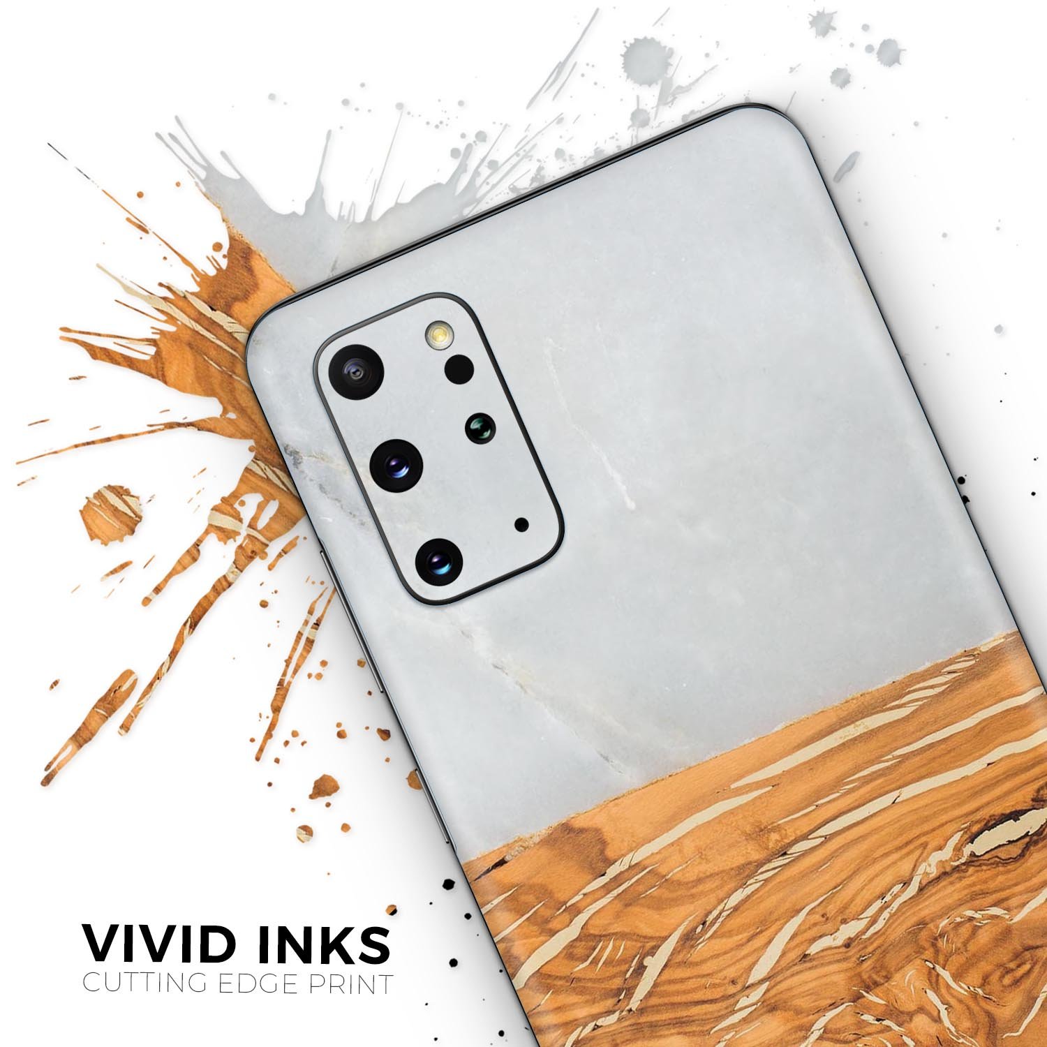 Marble and wood design skin for Samsung Galaxy S20, showcasing a stylish and protective vinyl cover.