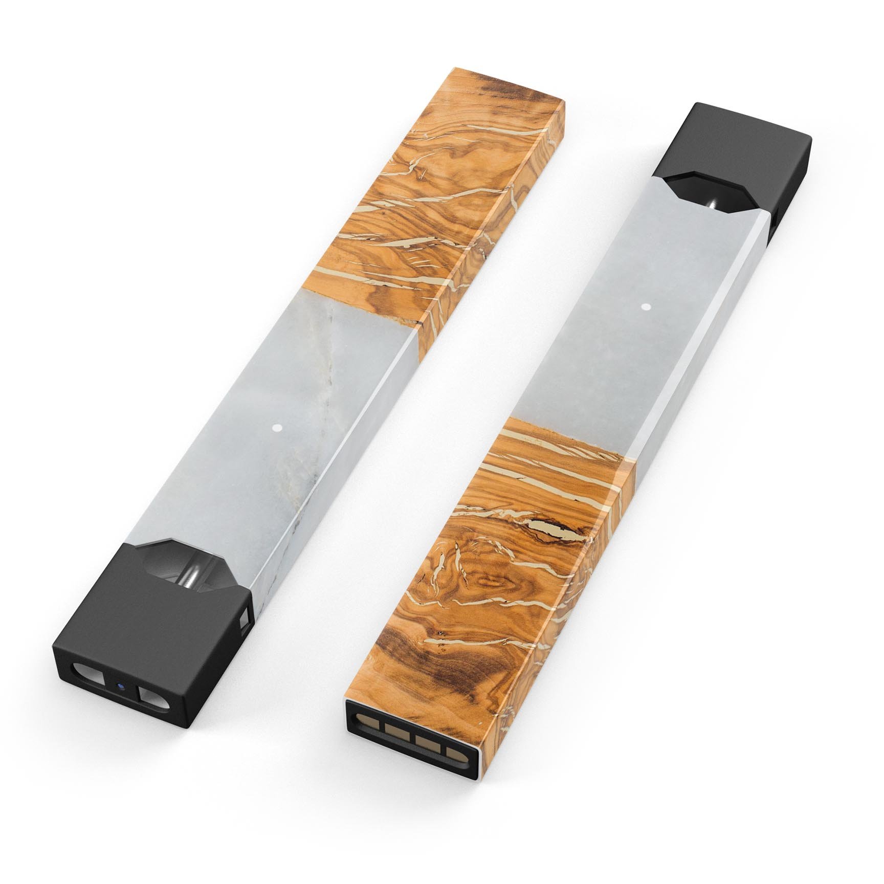 Marble and wood design skin-wrap sticker for JUUL vaping device, showcasing premium quality and stylish appearance.