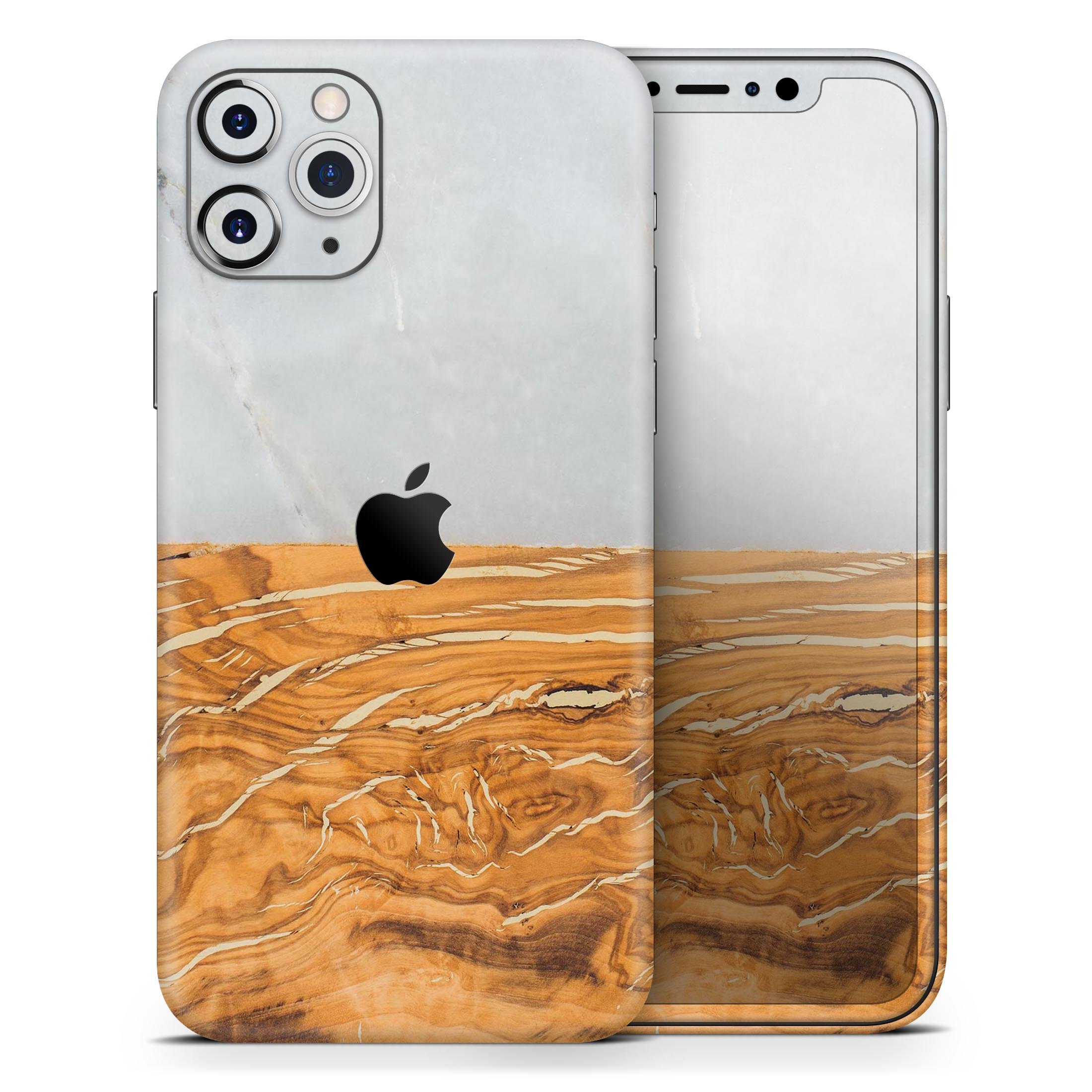 Marble and wood mix skin for Apple iPhone 14, showcasing a stylish design with a premium finish.