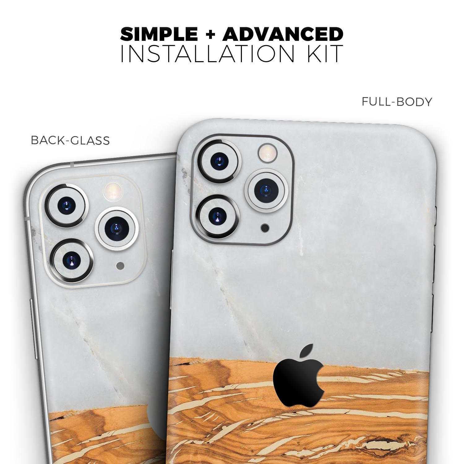 Marble and wood mix skin for Apple iPhone 14, showcasing a stylish design with a premium finish.