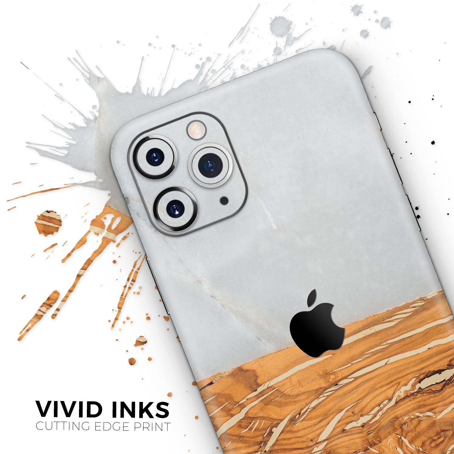 Marble and wood mix skin for Apple iPhone 14, showcasing a stylish design with a premium finish.