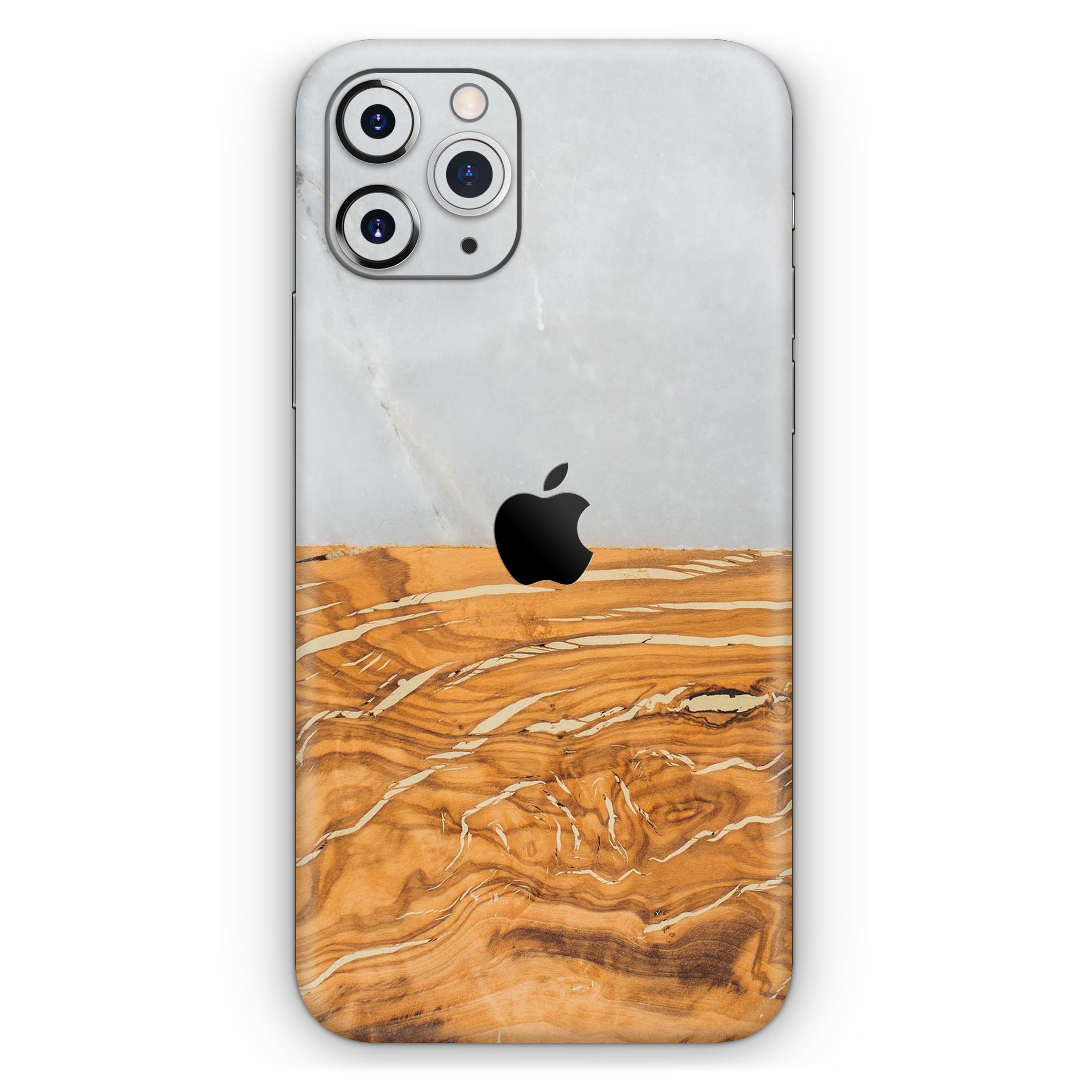 Marble and wood mix skin for Apple iPhone 14, showcasing a stylish design with a premium finish.