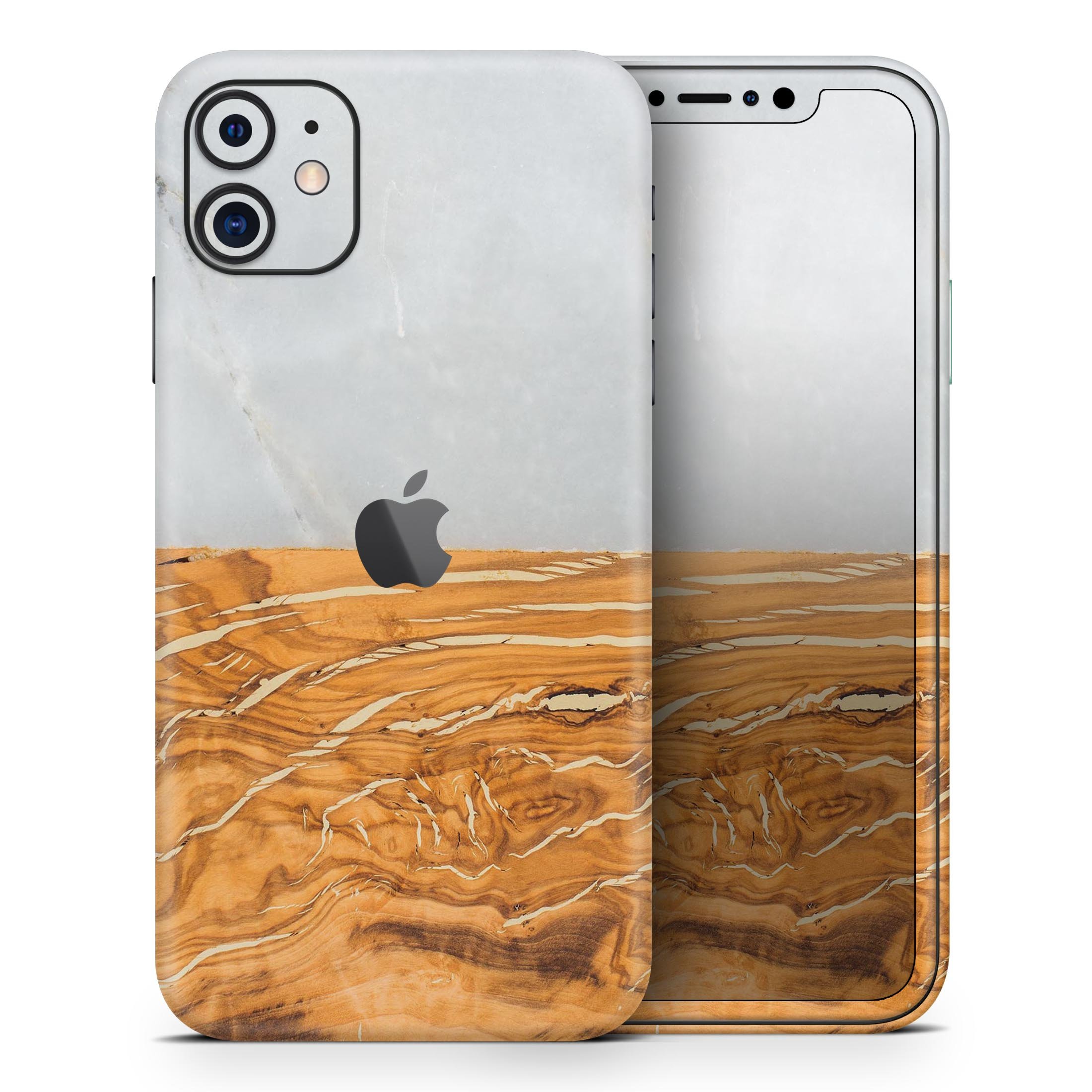 Marble and wood mix skin for Apple iPhone 14, showcasing a stylish design with a premium finish.