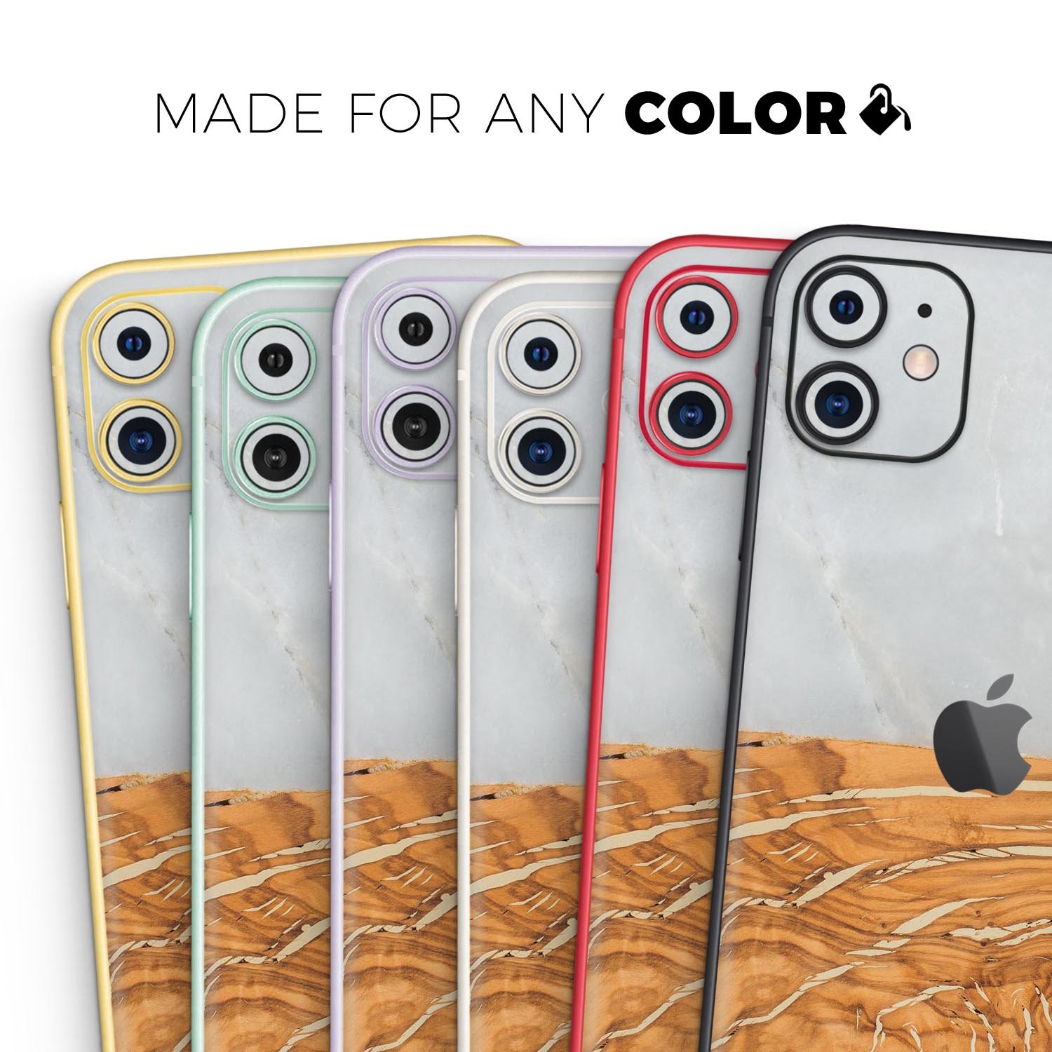 Marble and wood mix skin for Apple iPhone 14, showcasing a stylish design with a premium finish.