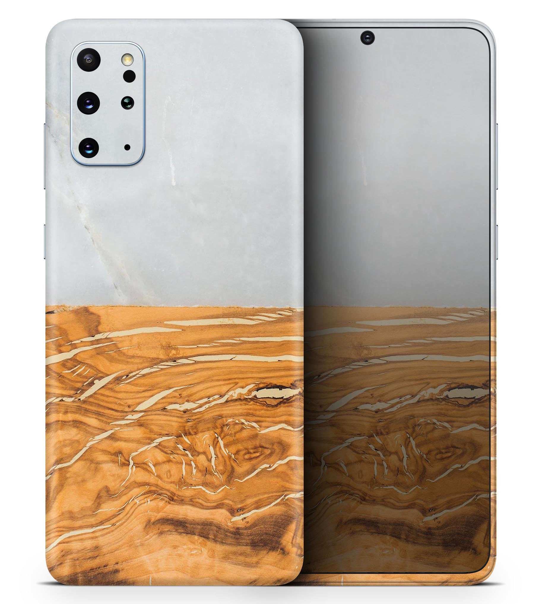 Marble and wood design skin for Samsung Galaxy S20, showcasing a stylish and protective vinyl cover.