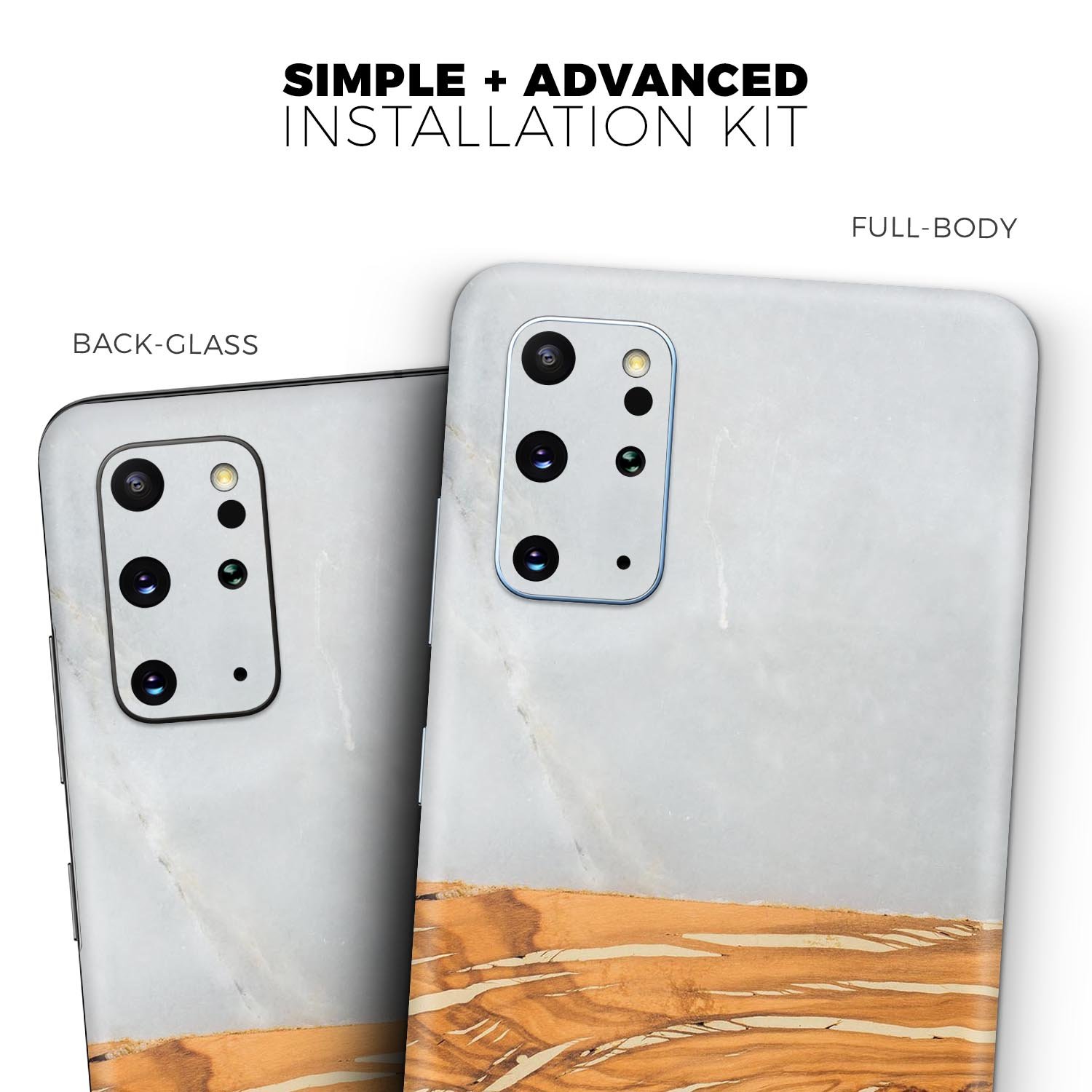 Marble and wood design skin for Samsung Galaxy S20, showcasing a stylish and protective vinyl cover.