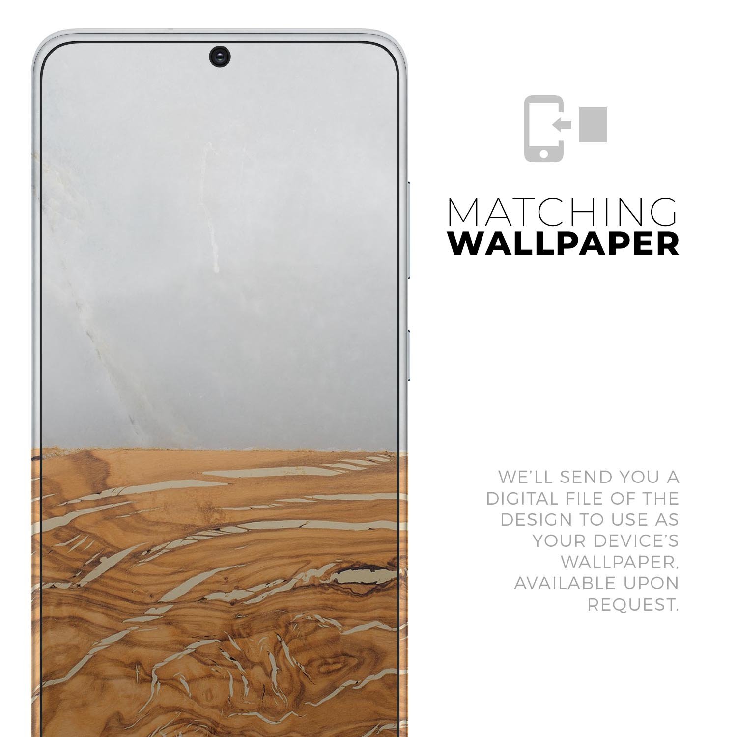 Marble and wood design skin for Samsung Galaxy S20, showcasing a stylish and protective vinyl cover.