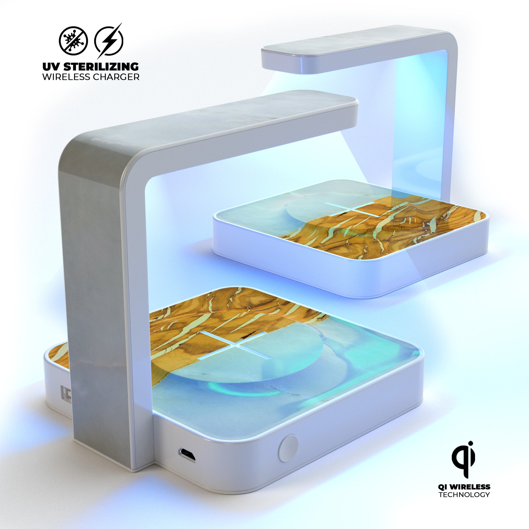 Marble & Wood Mix V1 UV Germicidal Sanitizing Wireless Charger with phone placed on it, showcasing its elegant design and functionality.