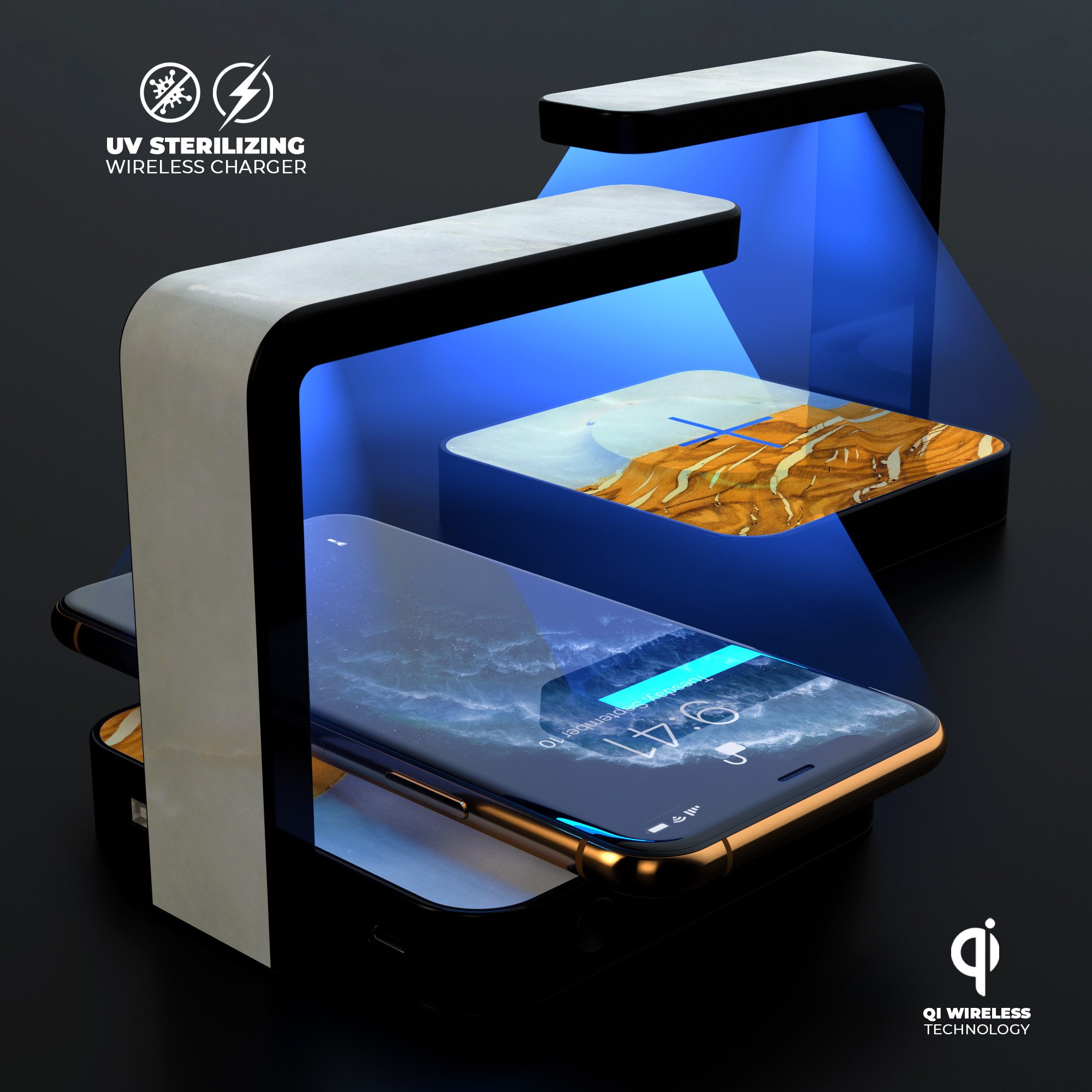 Marble & Wood Mix V1 UV Germicidal Sanitizing Wireless Charger with phone placed on it, showcasing its elegant design and functionality.