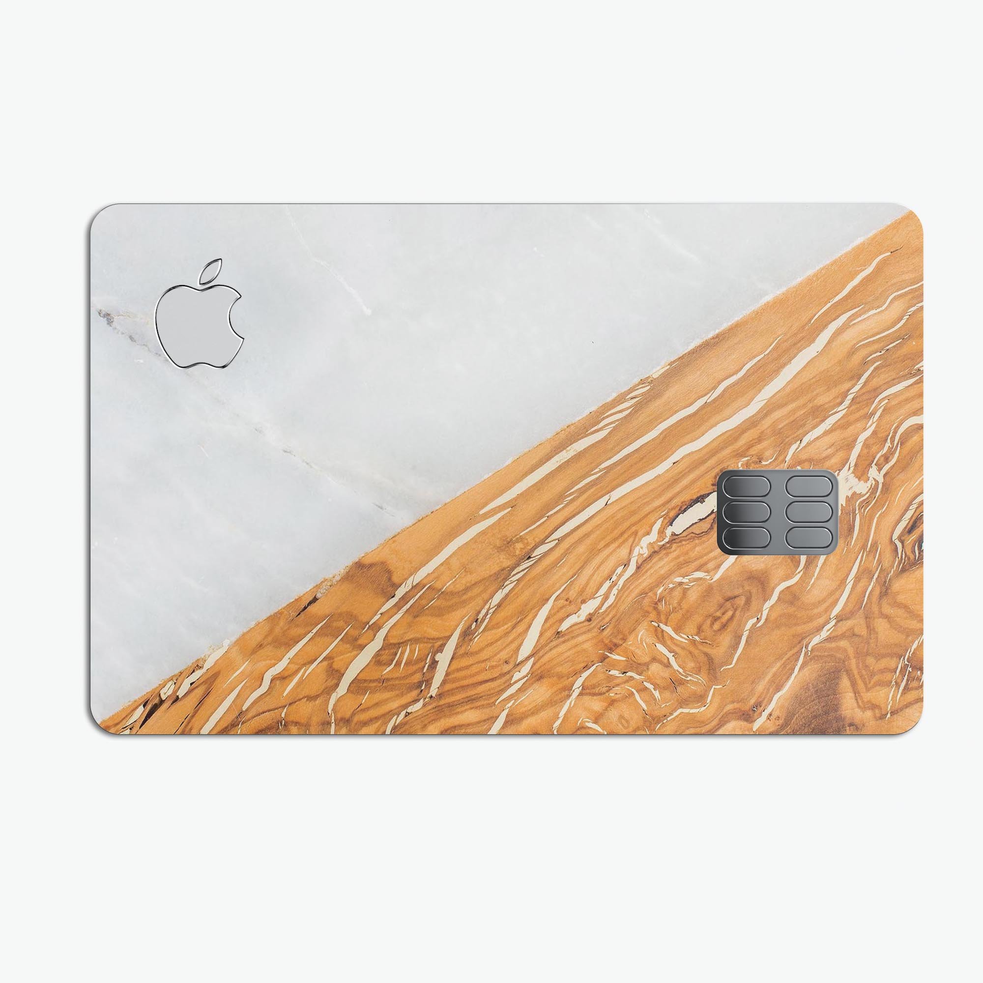 Marble and wood mix design decal skin for Apple Card, showcasing premium vinyl protection and stylish finish.