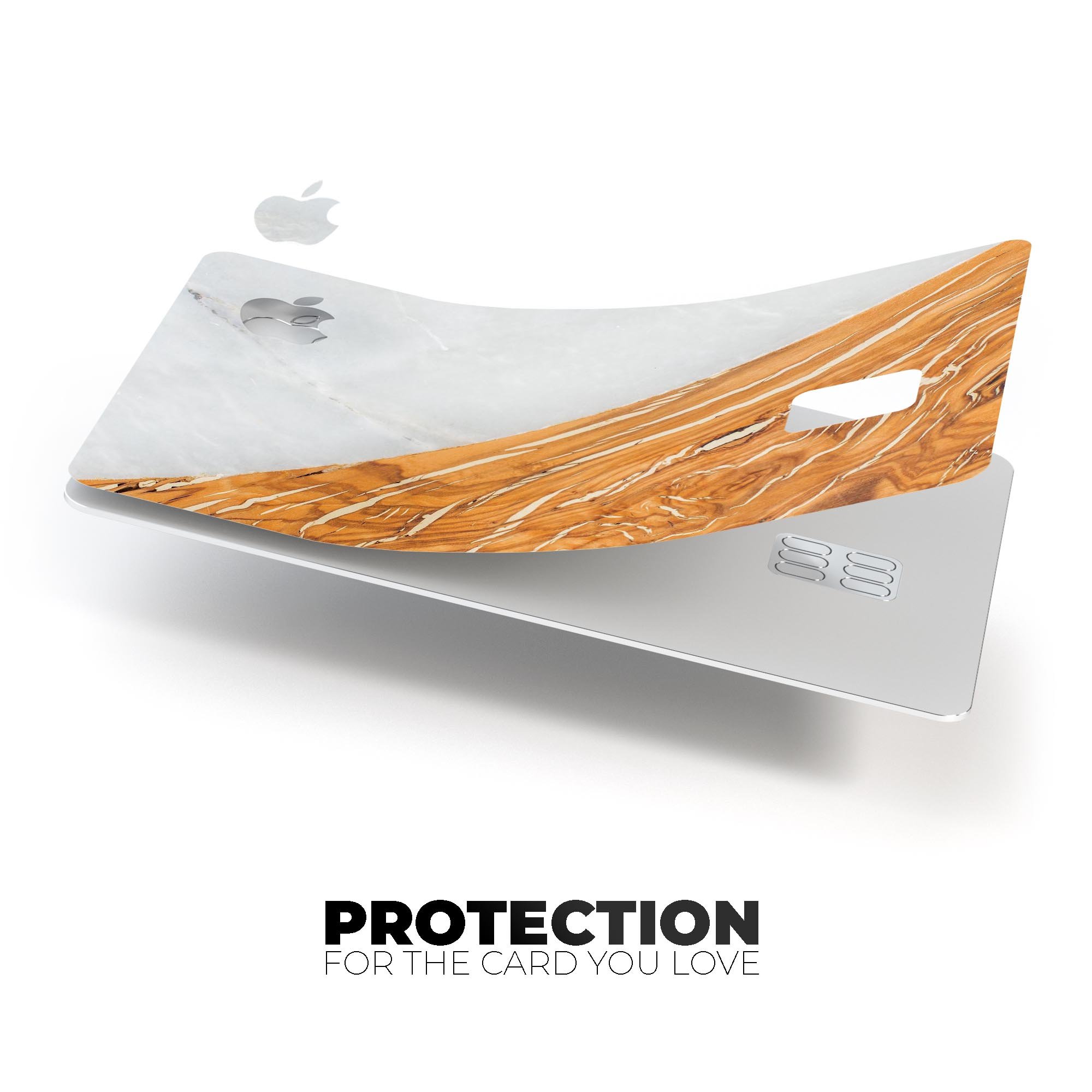 Marble and wood mix design decal skin for Apple Card, showcasing premium vinyl protection and stylish finish.